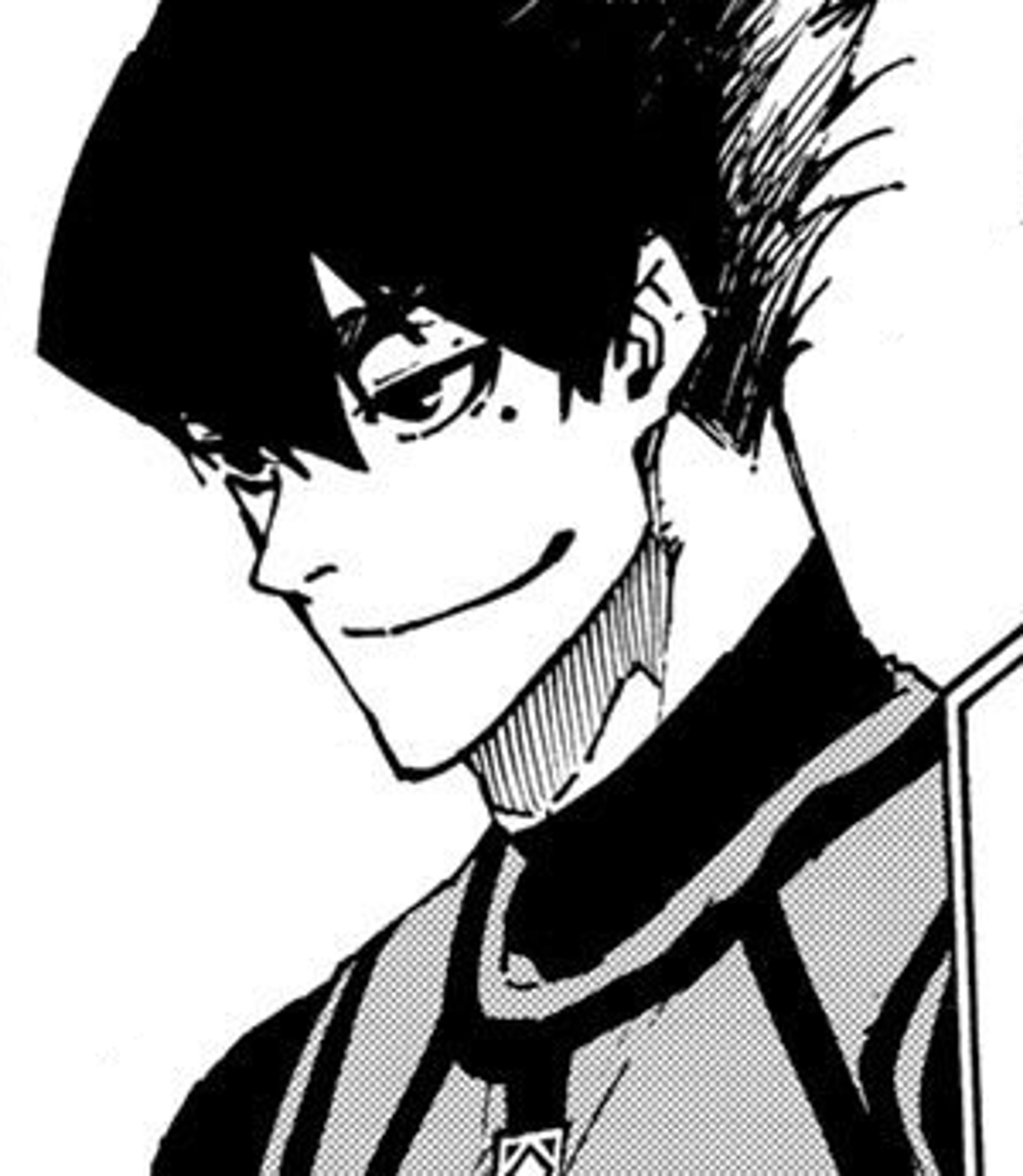 A young man with spiky dark purple hair and piercing blue eyes