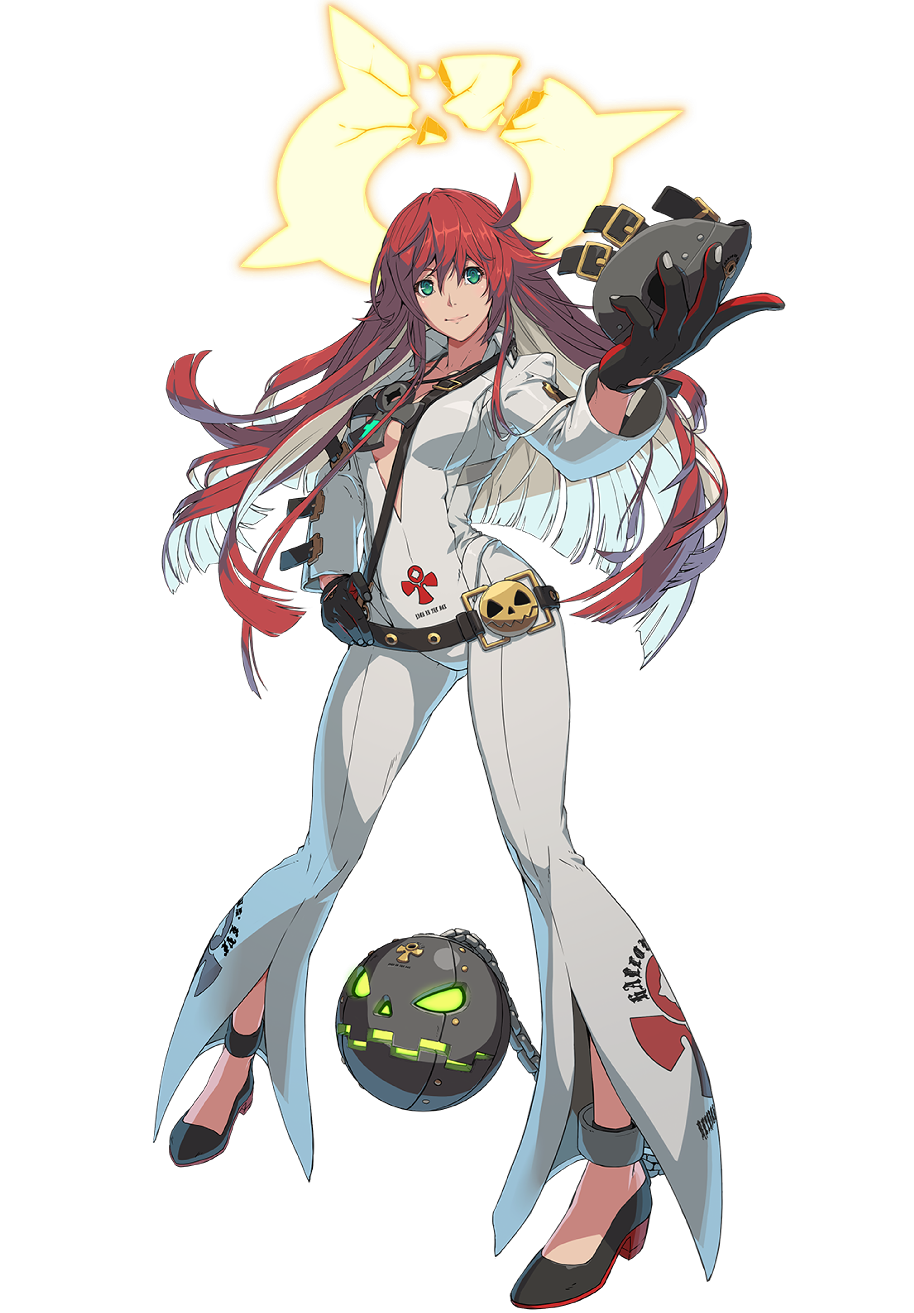 A female character with red hair in pigtails, wearing a white outfit with patterns, holding a puppet or doll and having a playful expression.