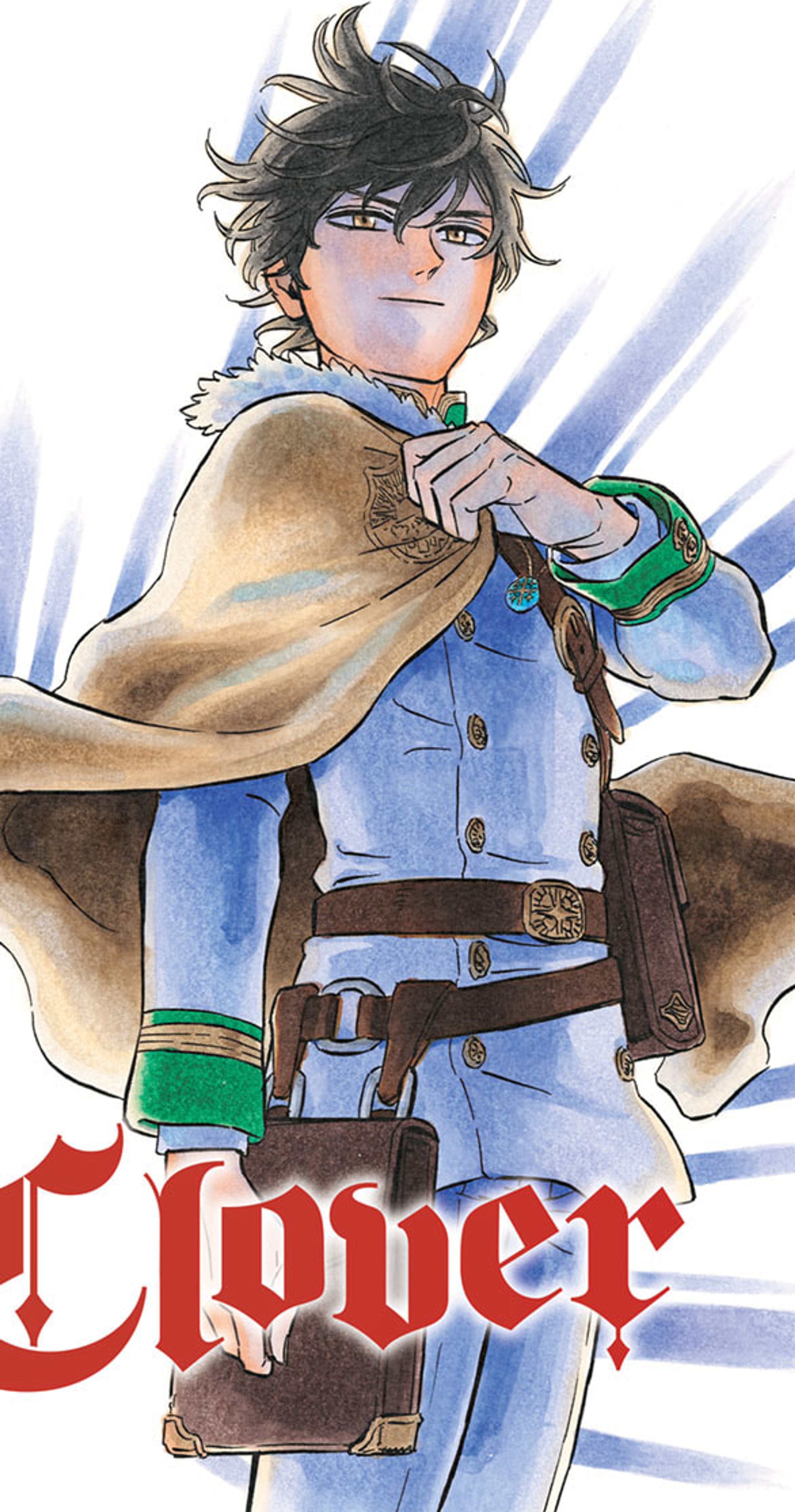 A young man with dark hair wearing a blue coat and belt