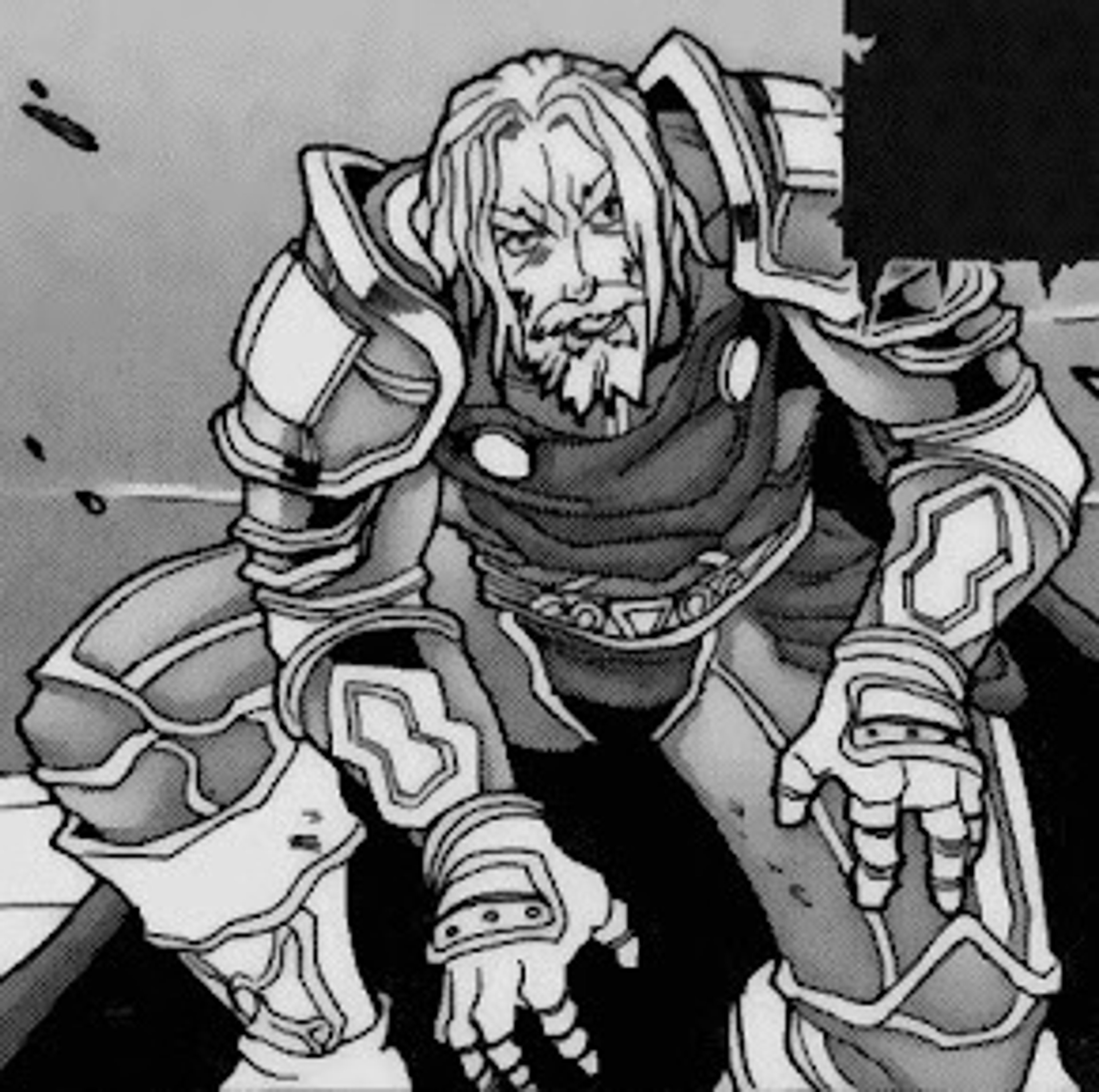 A heavily armored human male figure wielding a large sword