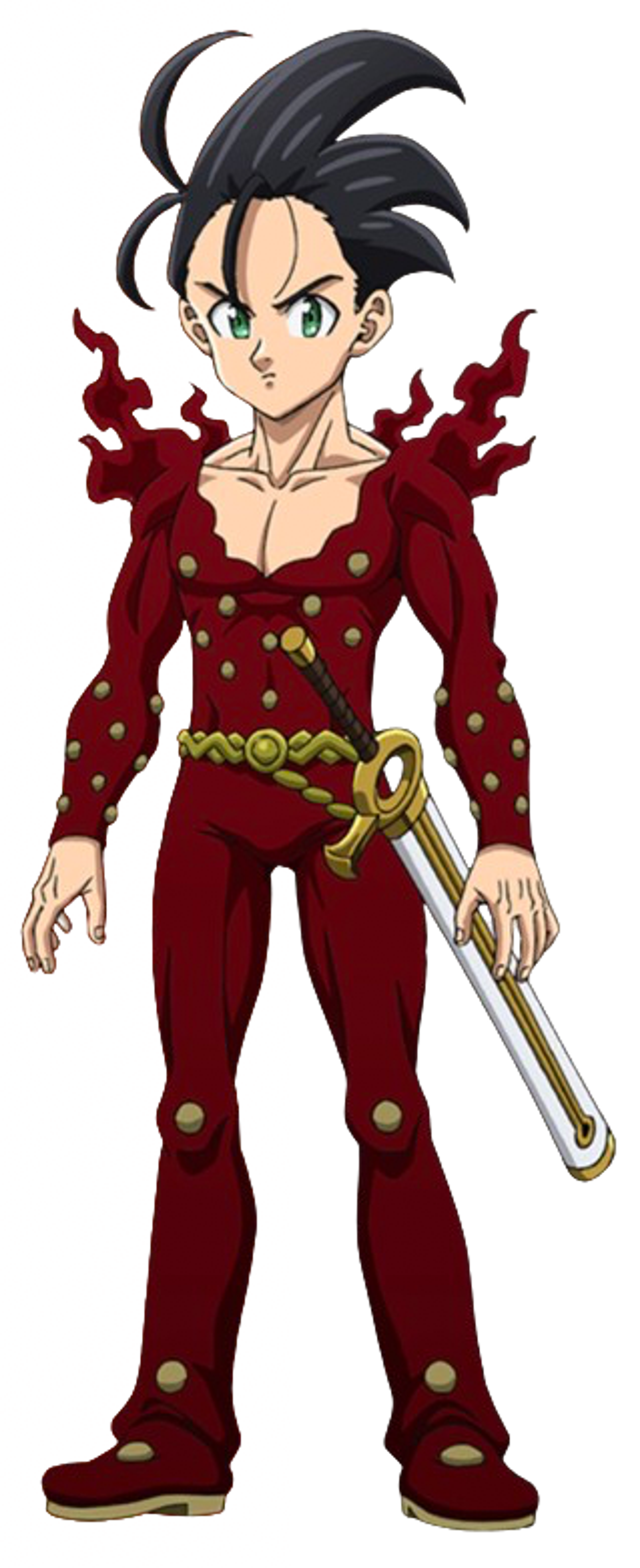 An anime character with black hair and a demon mark, wearing a red polka dot outfit and holding a sword.