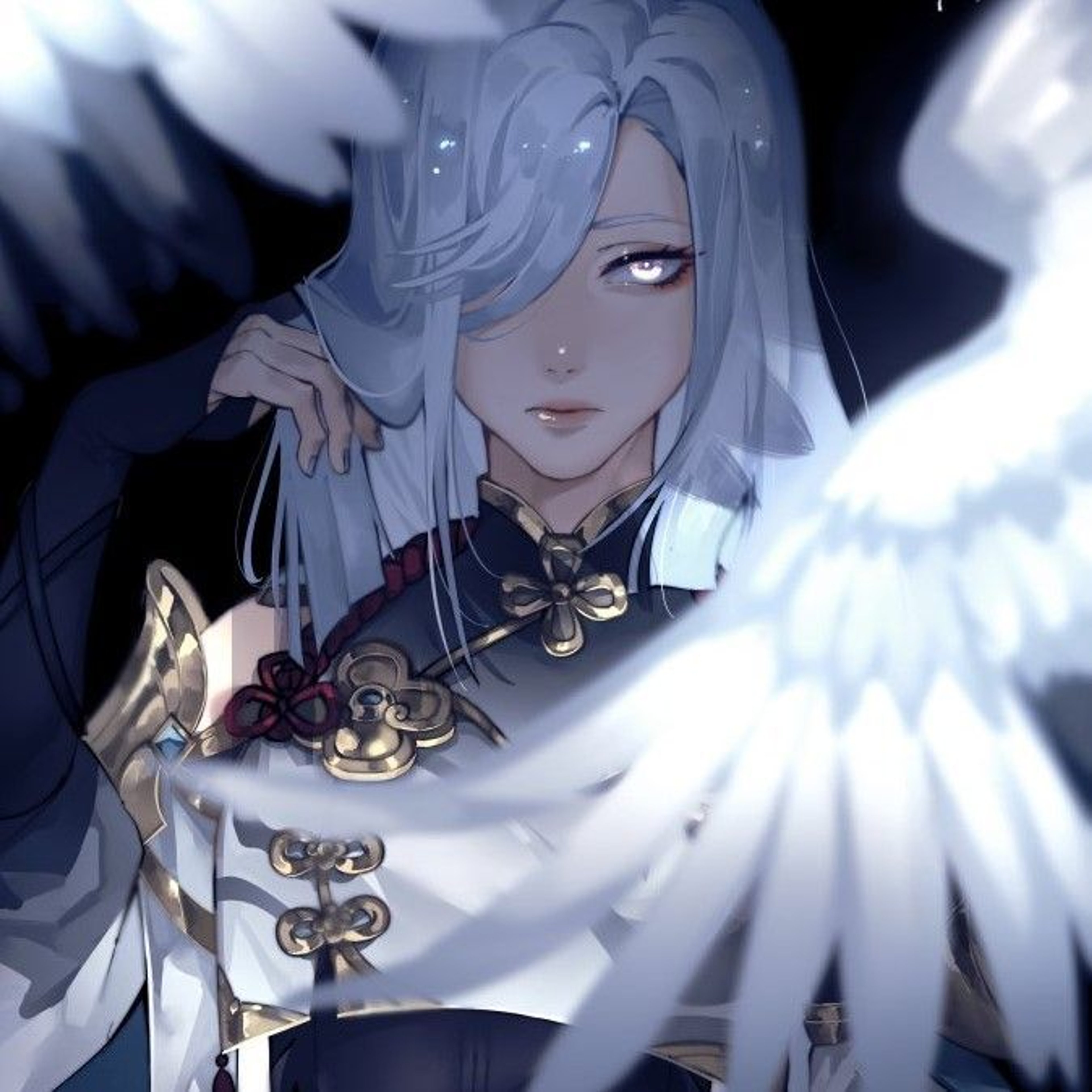 A detailed portrait of a young woman with silver-white hair and grey eyes, wearing ornate clothing.