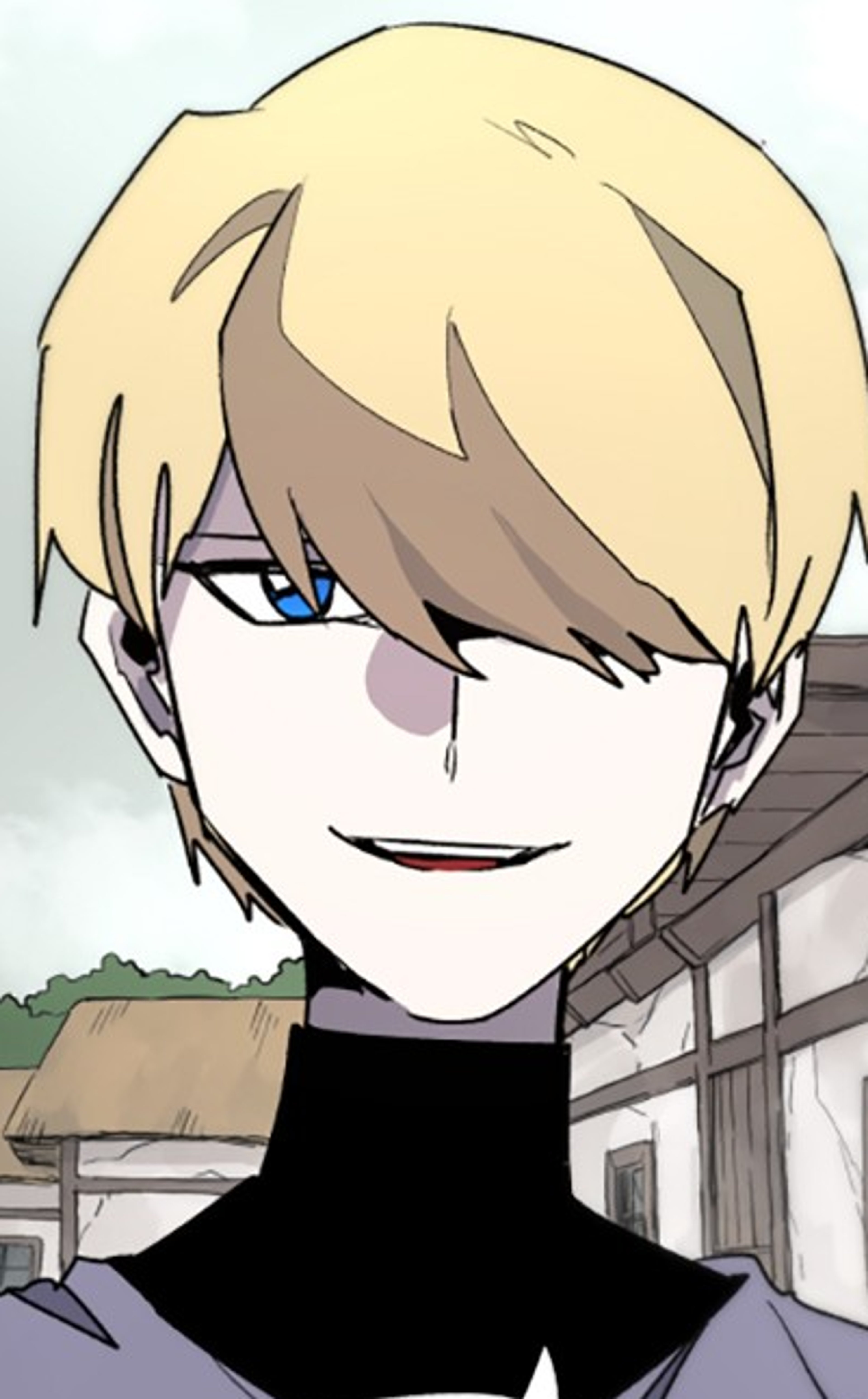 A young blond man with blue eyes wearing a black outfit