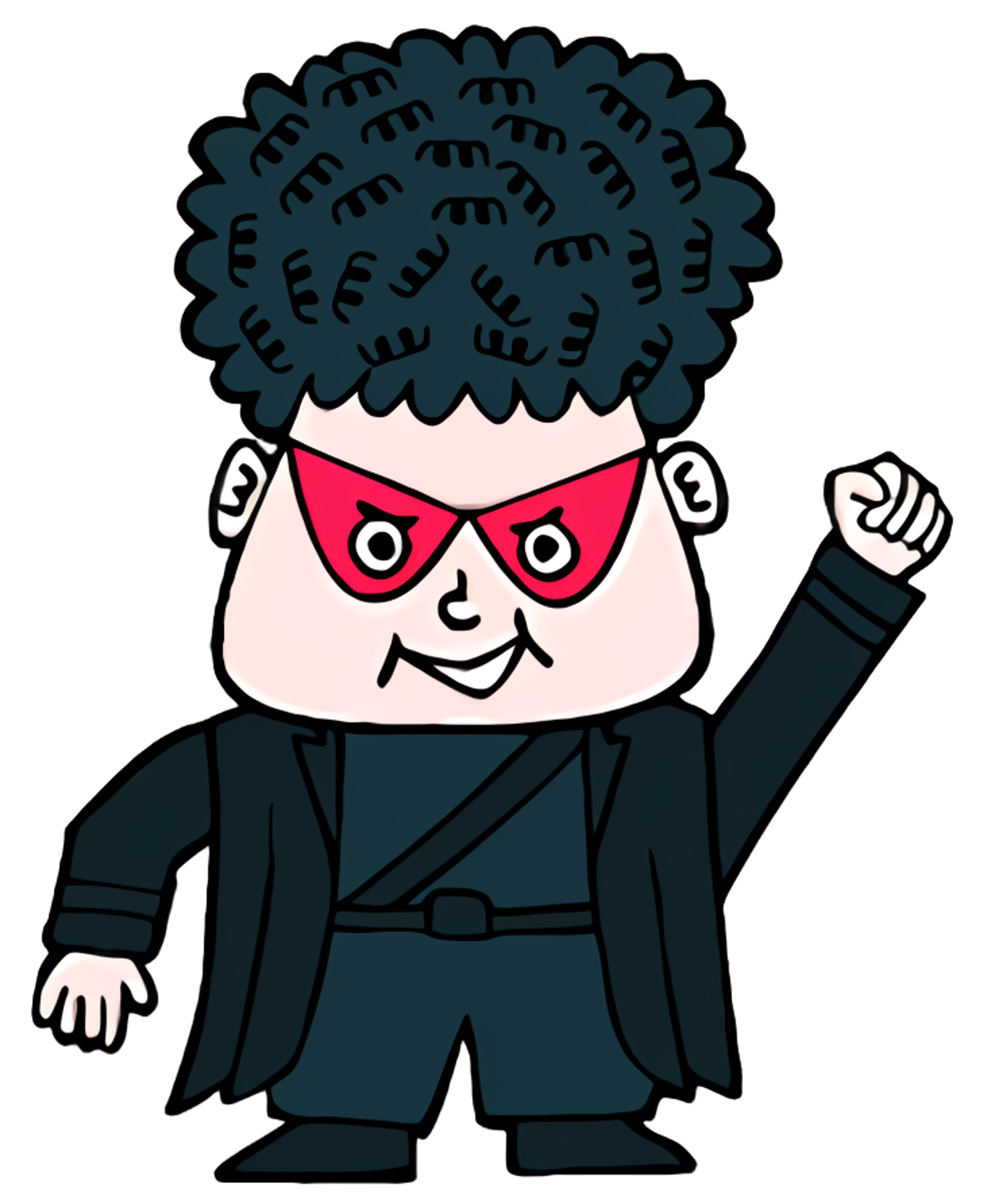 A cartoon character with a large afro hairstyle, wearing a black suit and tie, with an exaggerated, toothy grin.