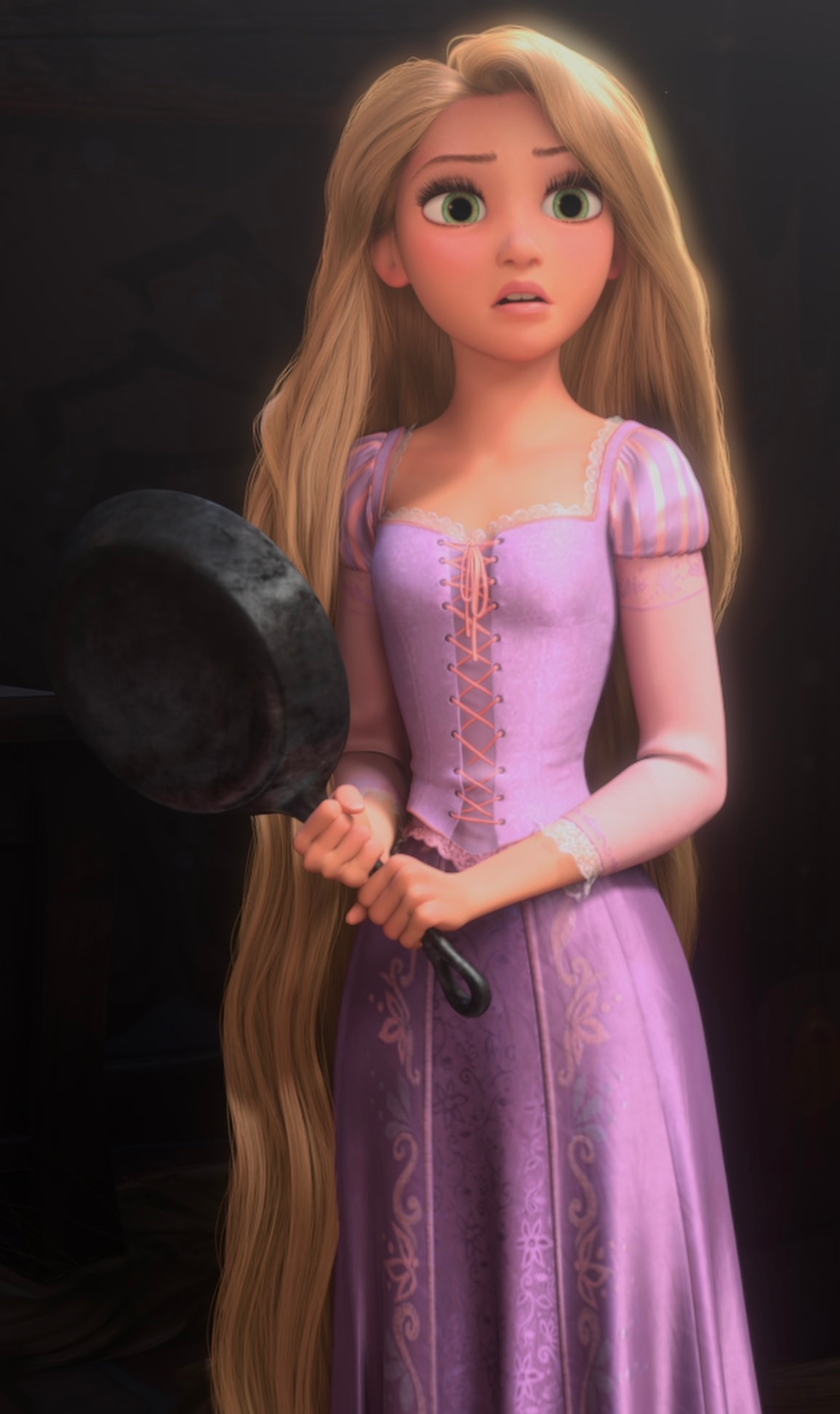 A young woman with long, golden hair wearing a pink dress and holding a frying pan