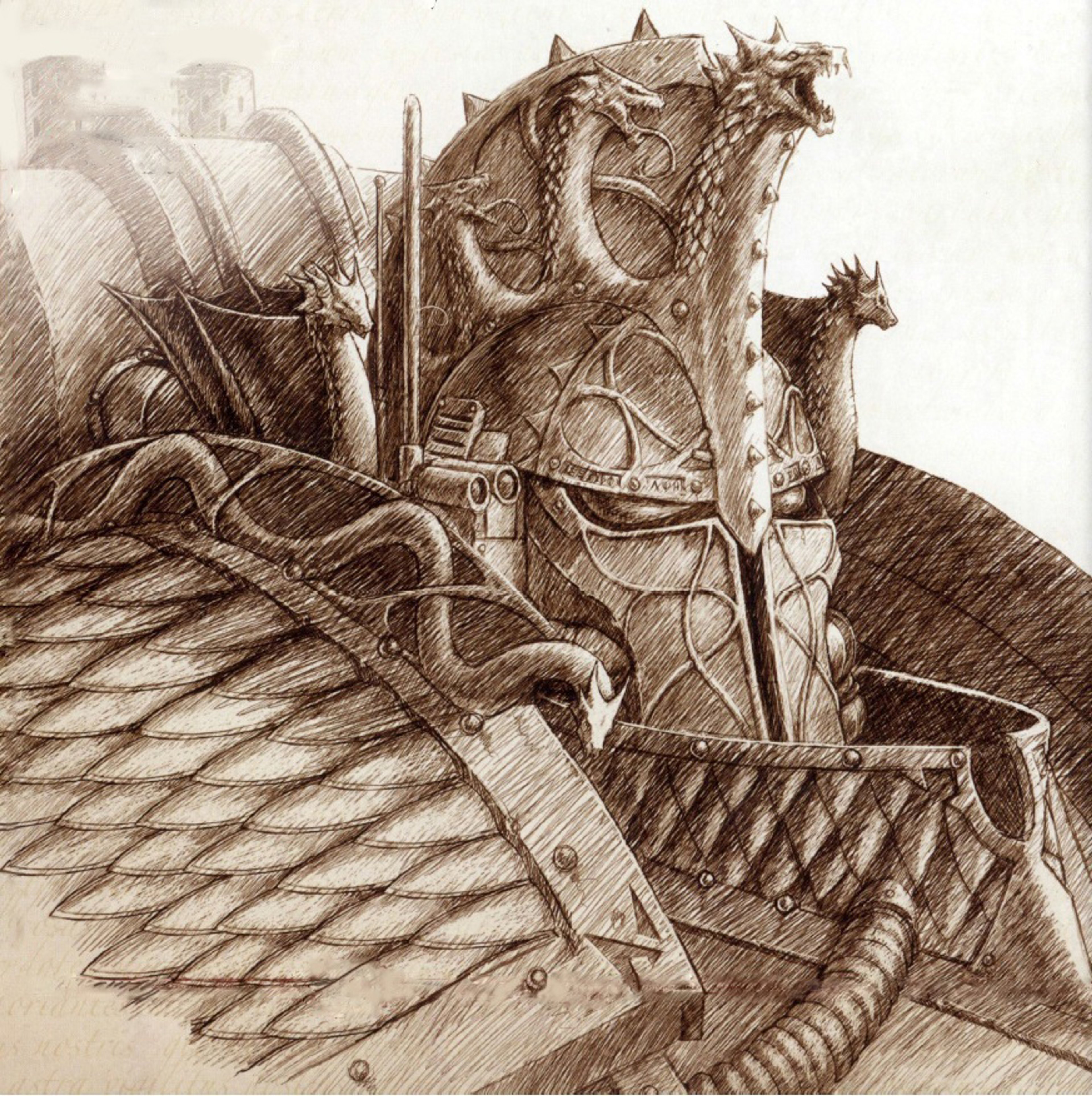 An illustration of a heavily armored and ornate figure from the Warhammer 40,000 universe.