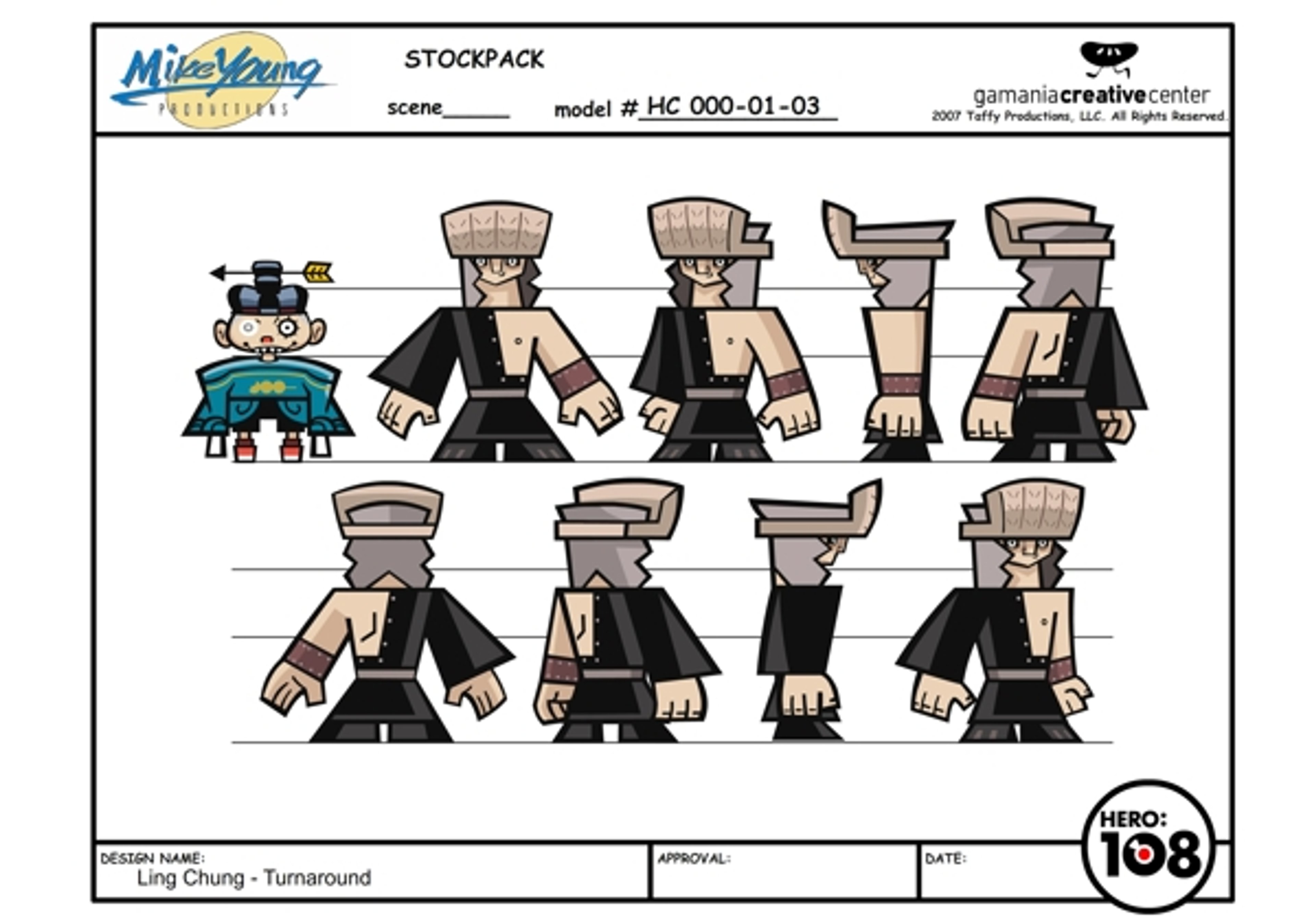 A detailed character design of a human male martial artist or warrior holding a bamboo staff.