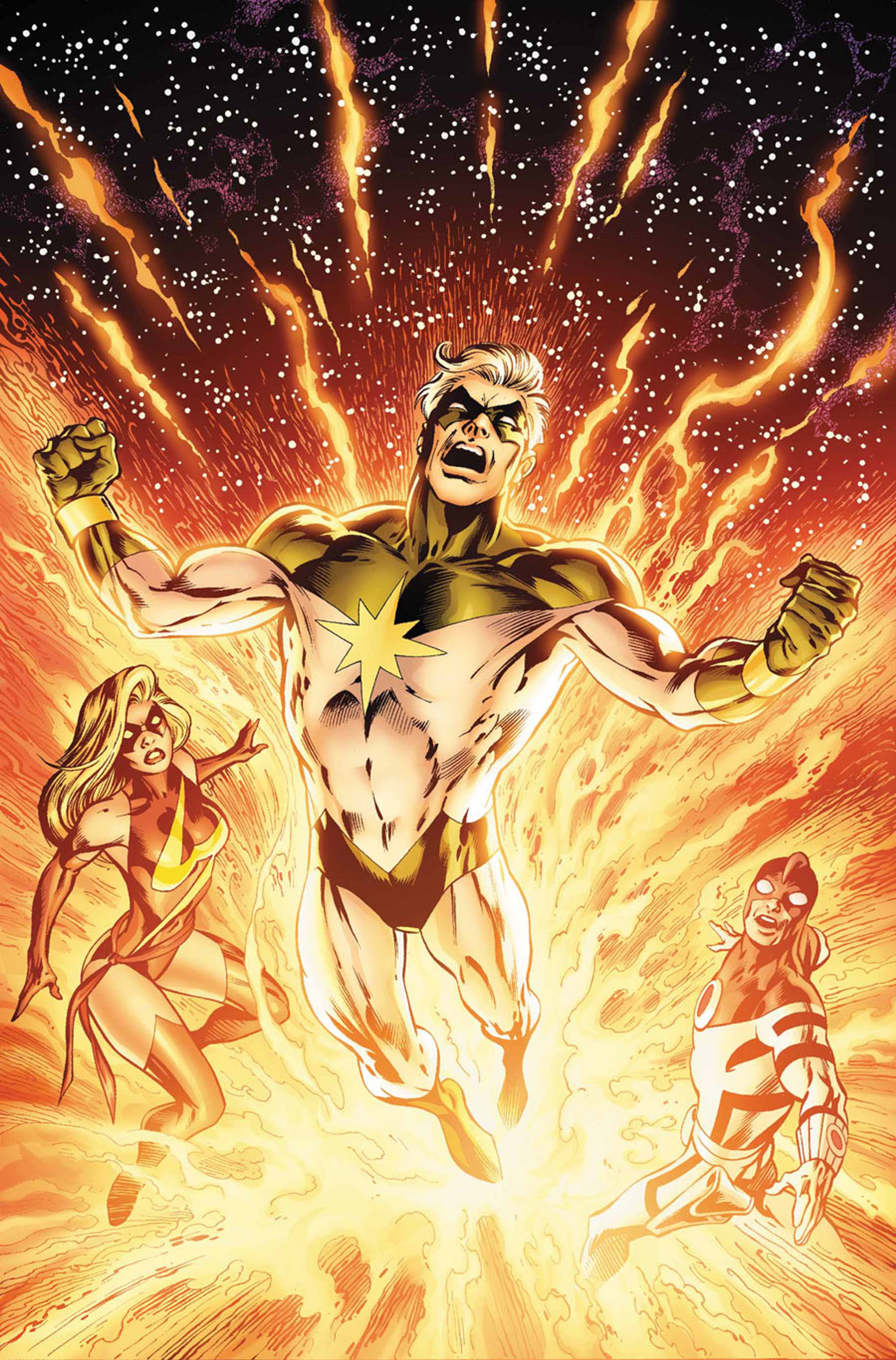 A powerful, shirtless superhero character surrounded by flames and energy