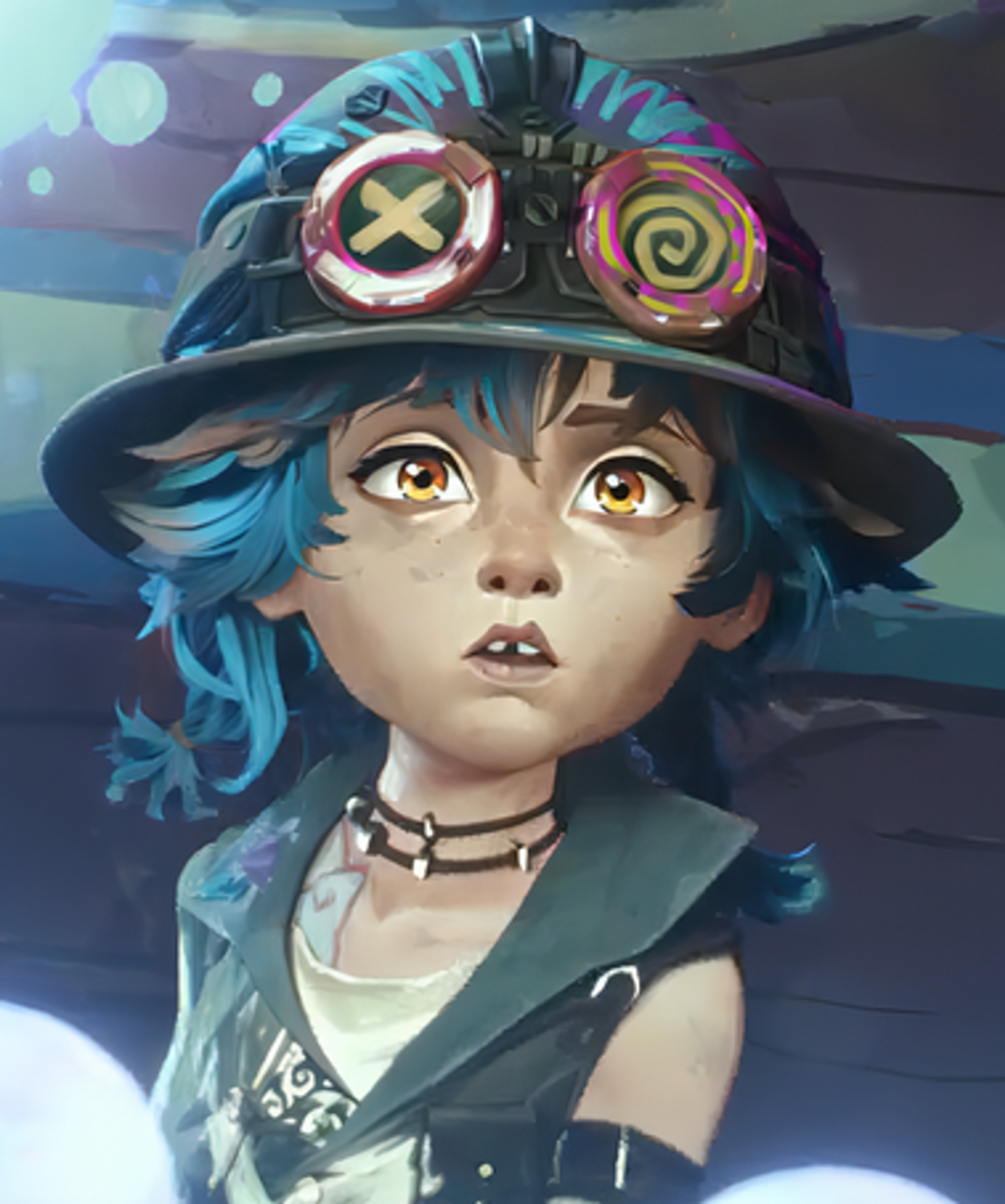 A young woman with blue hair wearing a hat with various accessories in a cyberpunk-style image
