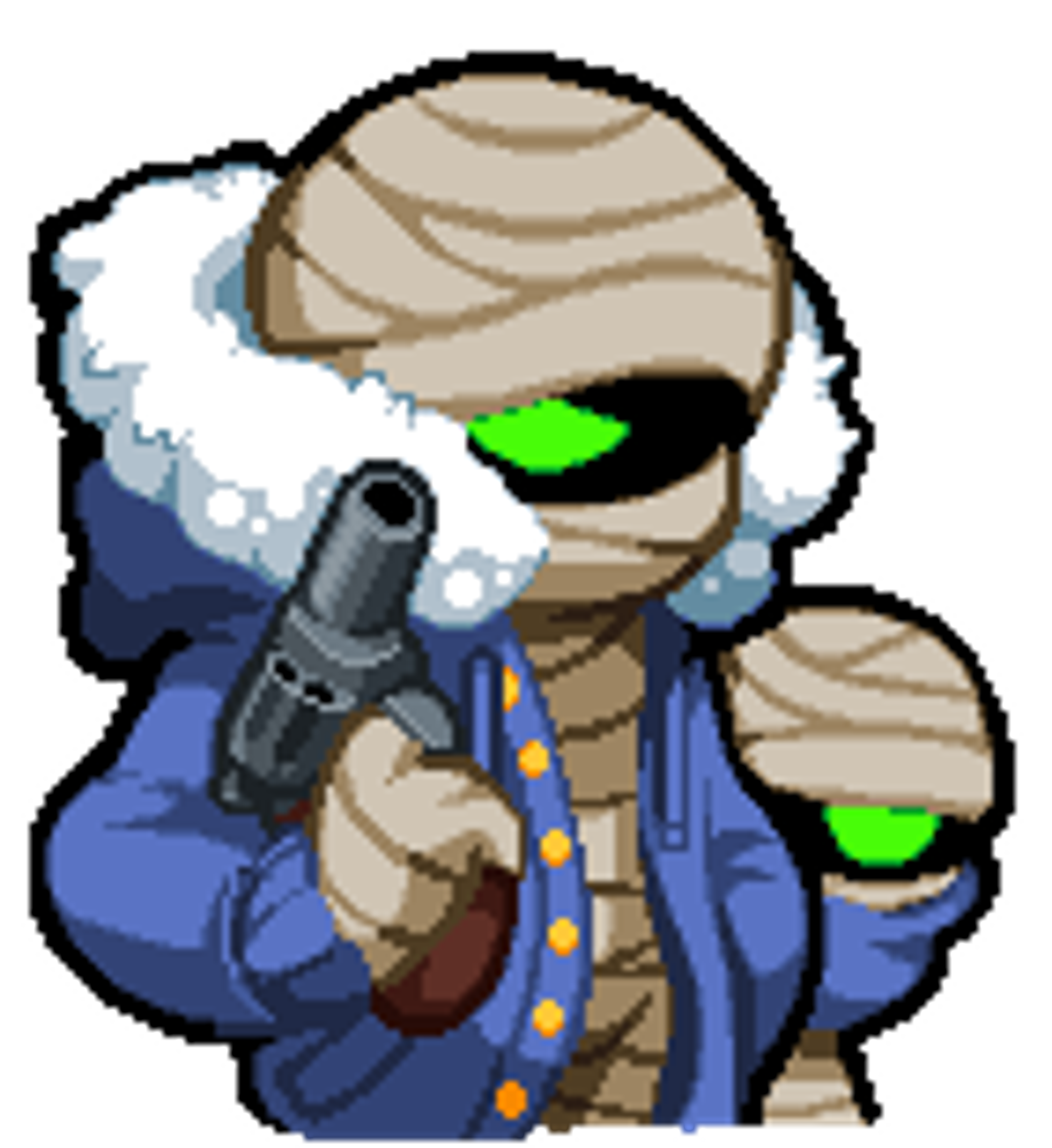 A character in a blue jacket with a bandaged head holding a gun in a post-apocalyptic setting