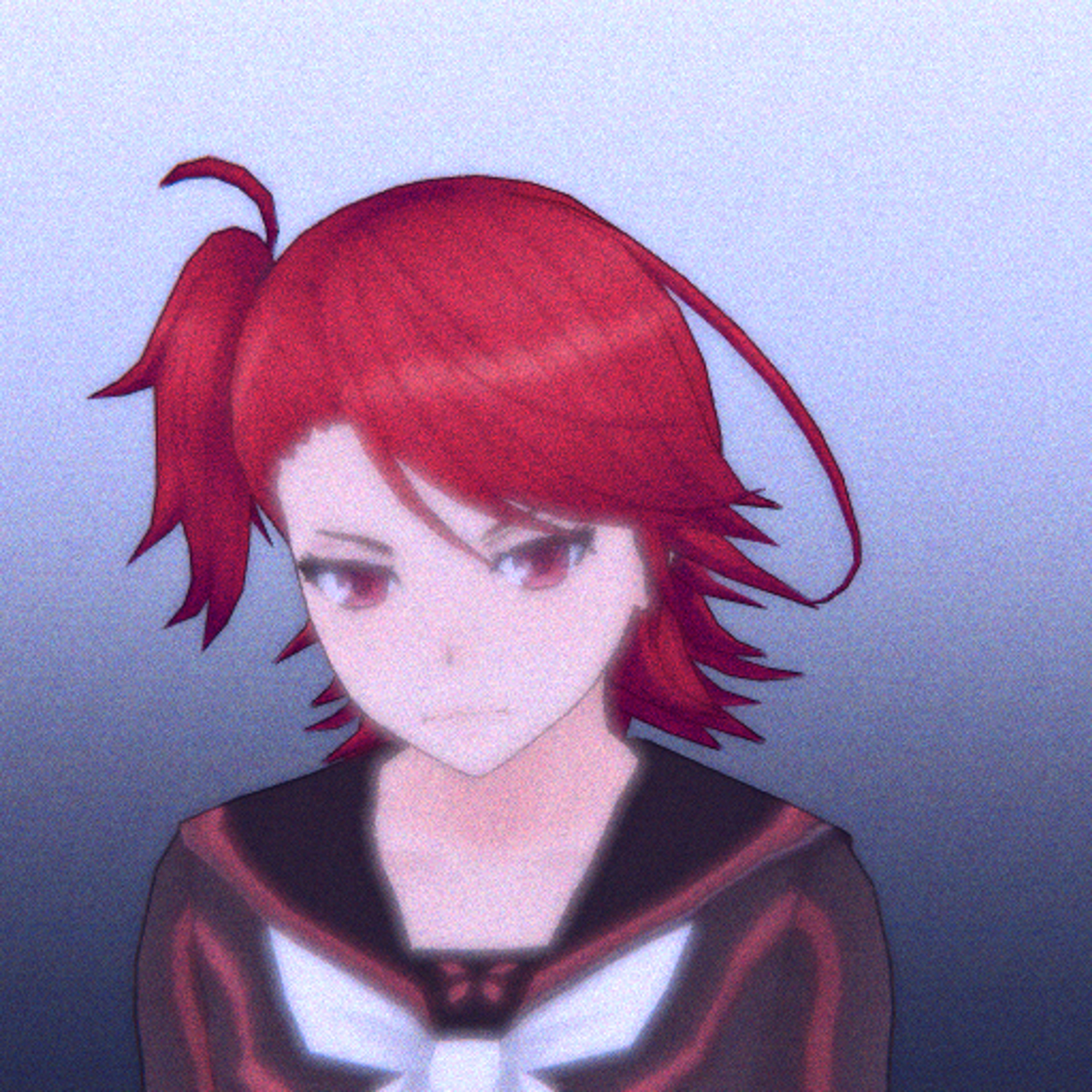 A young woman with red hair and scarlet eyes wearing a school uniform