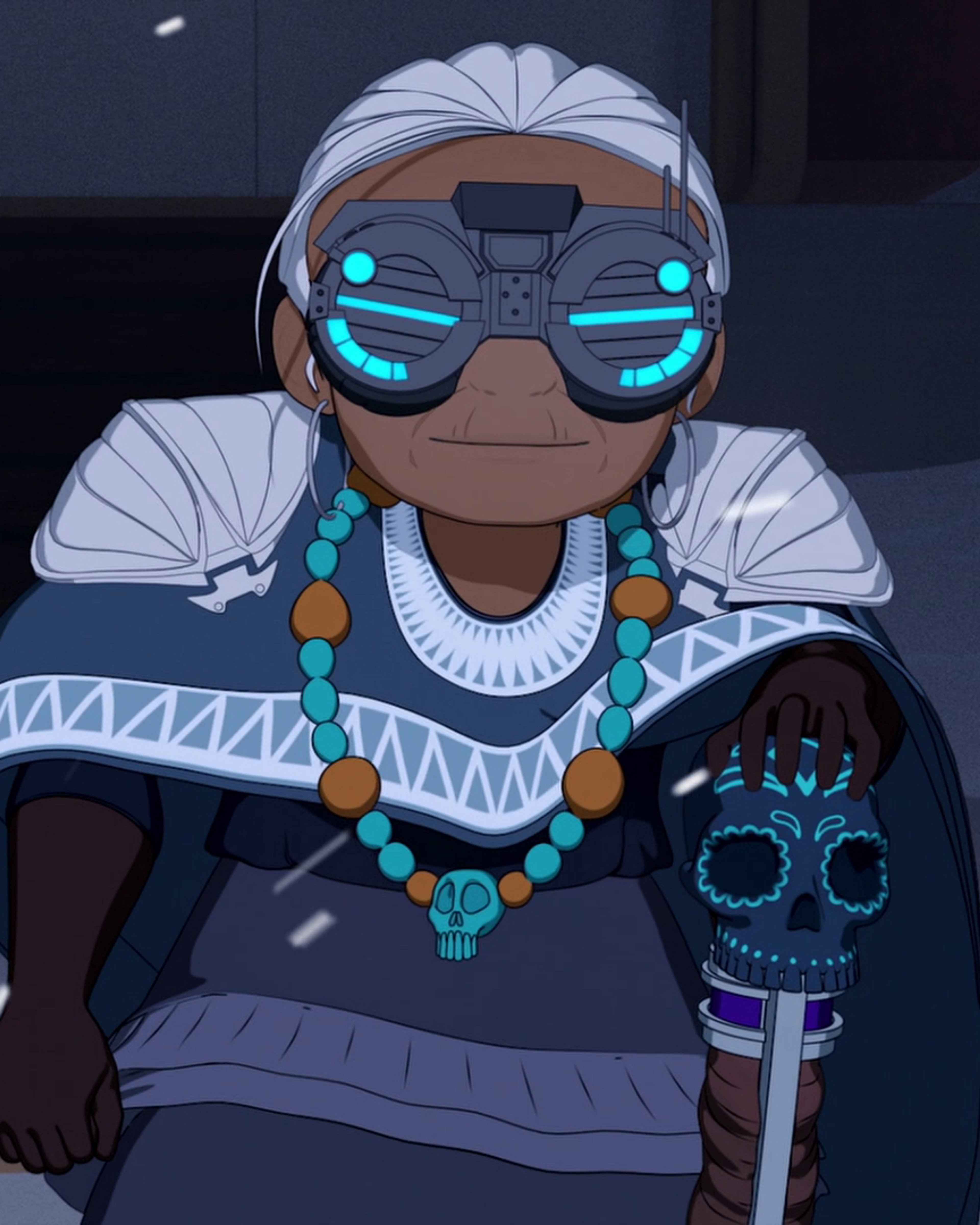 An elderly woman with cybernetic eyes and a mechanical walking stick, wearing a traditional Tabasco-style dress.