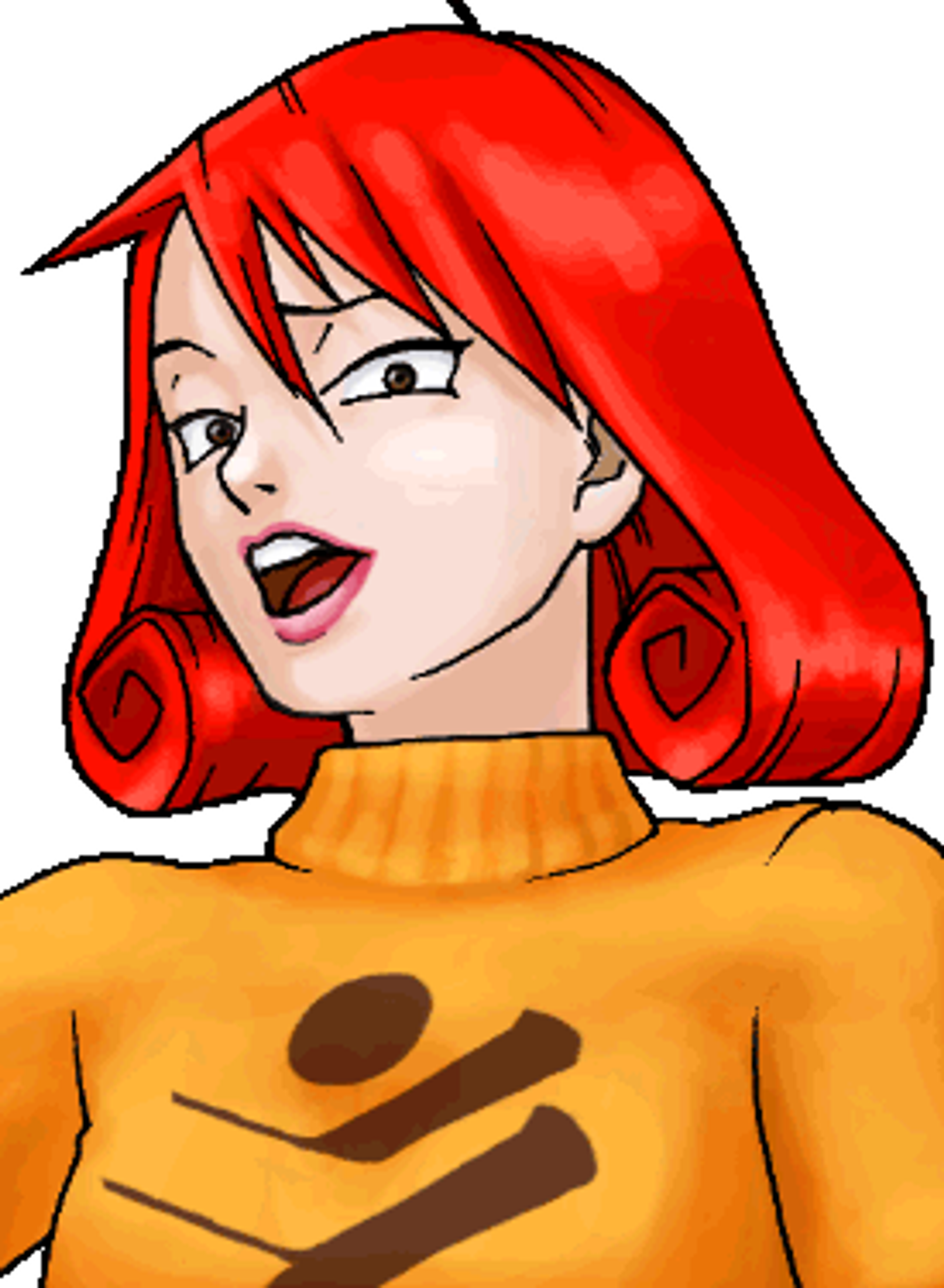 A young woman with red pigtails and a surprised expression wearing a yellow sweater