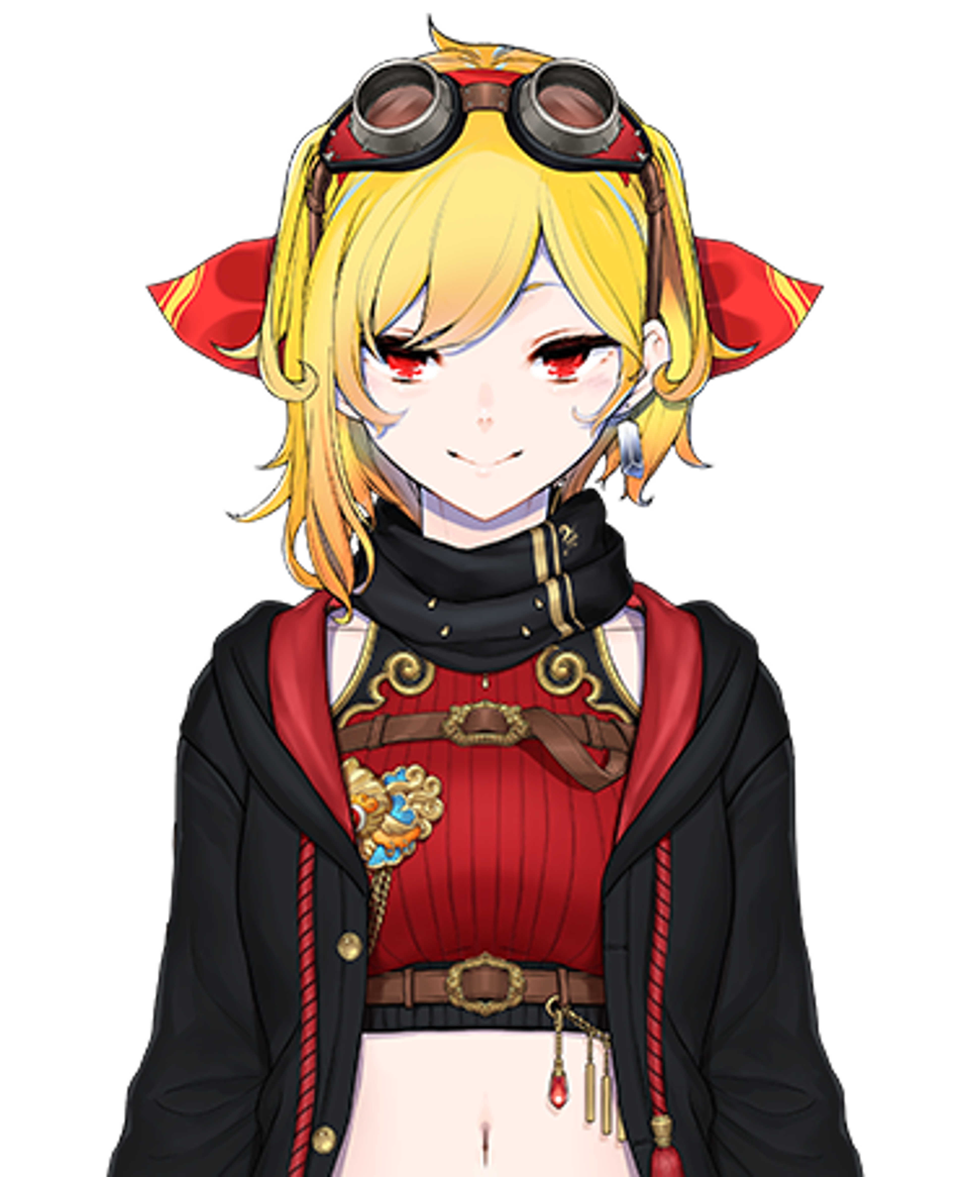 An anime-style character with blonde hair, red eyes, and goggles wearing a black and red outfit.