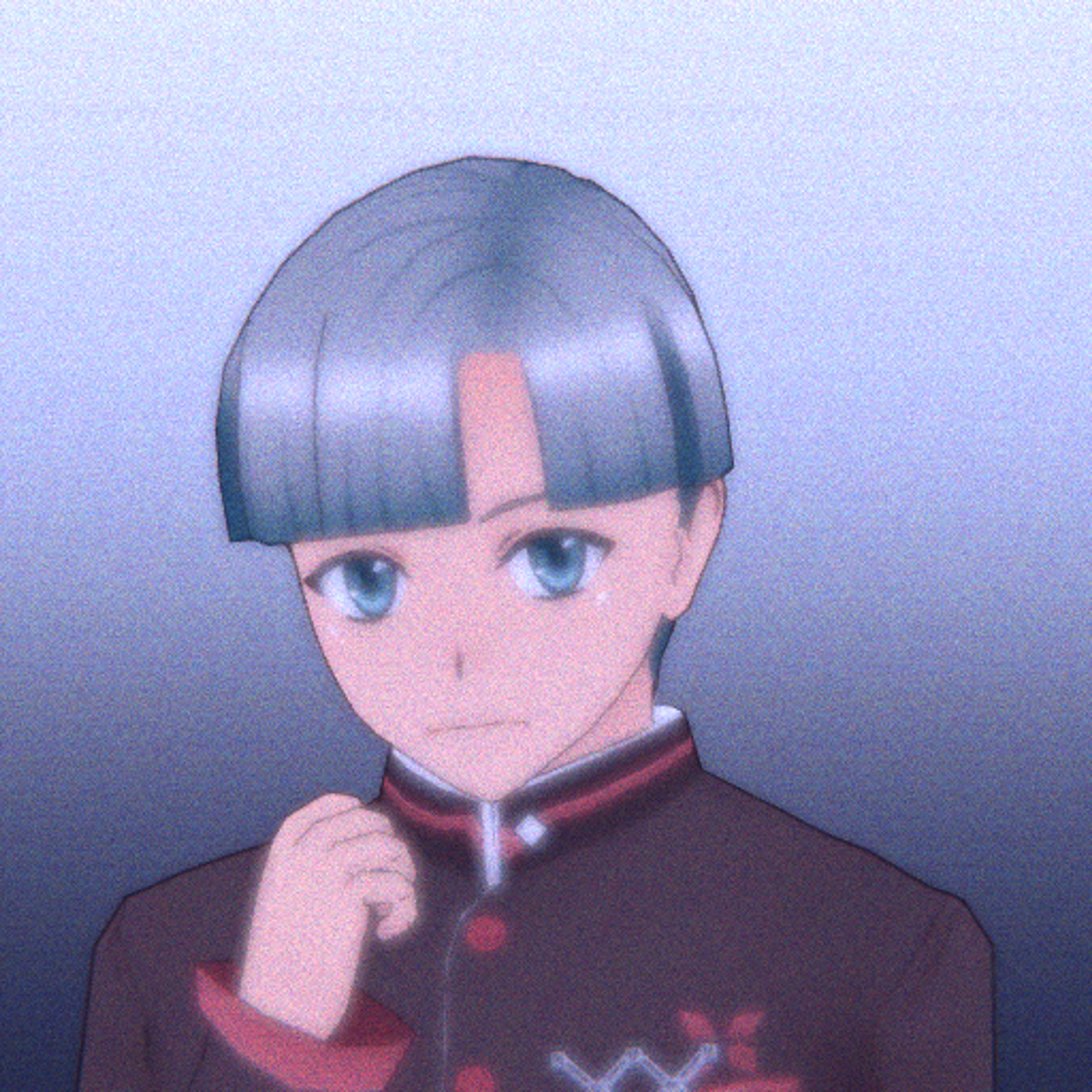 An anime-style character with silver hair and dark teal highlights, wearing a 1980s school uniform.