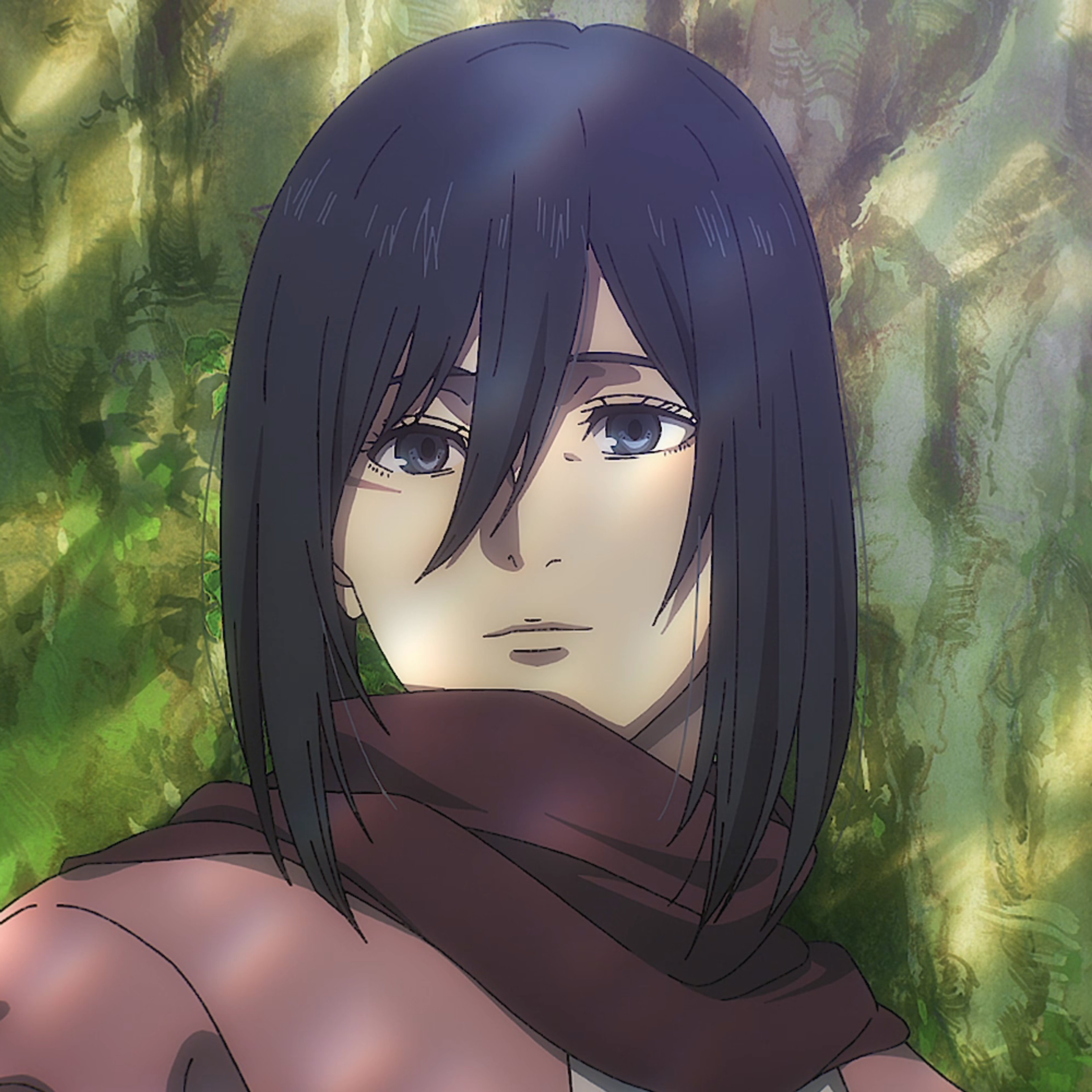 A young woman with short dark hair and a red scarf, with a serious expression on her face.