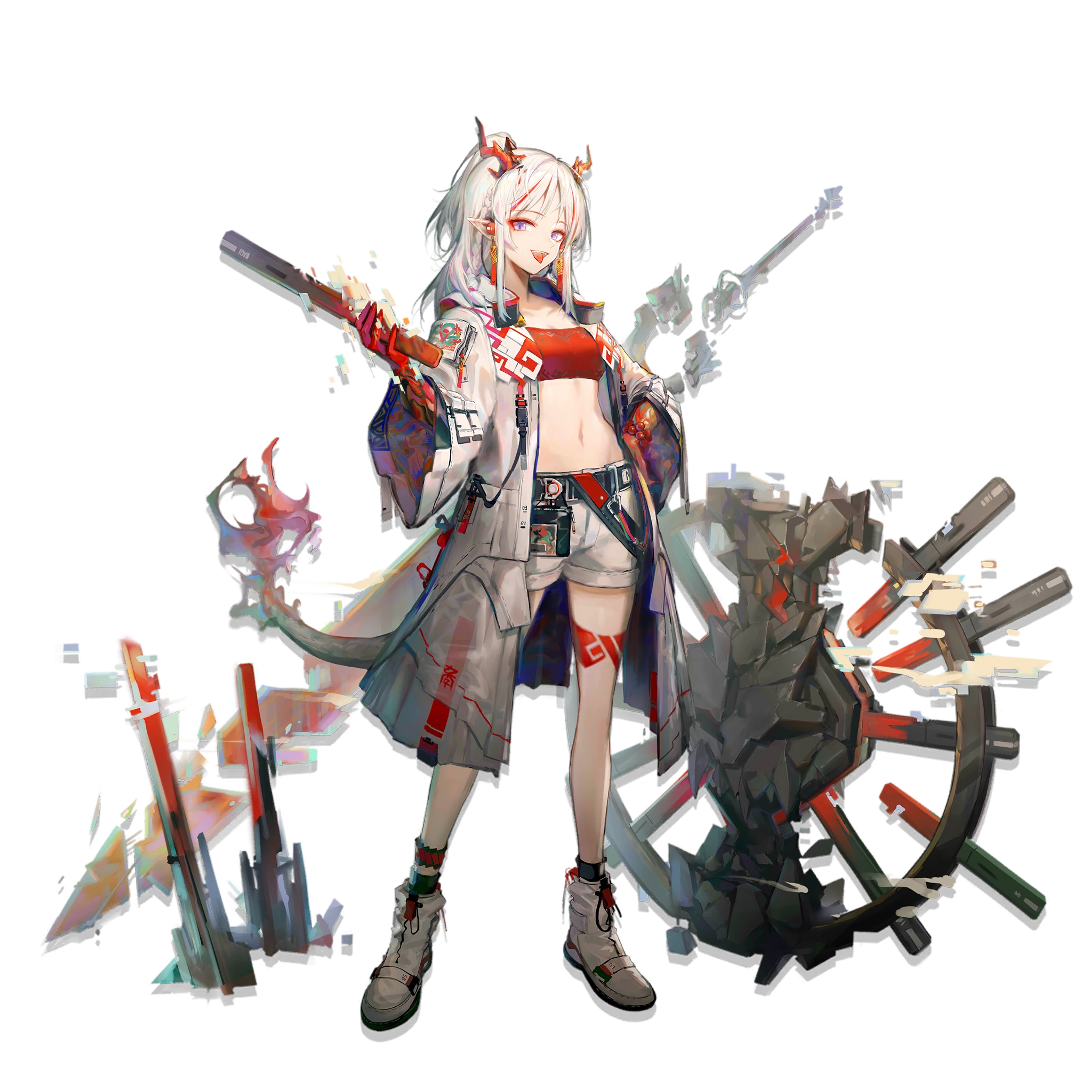 A powerful, armored female figure wielding a large weapon in a futuristic, glitchy environment.