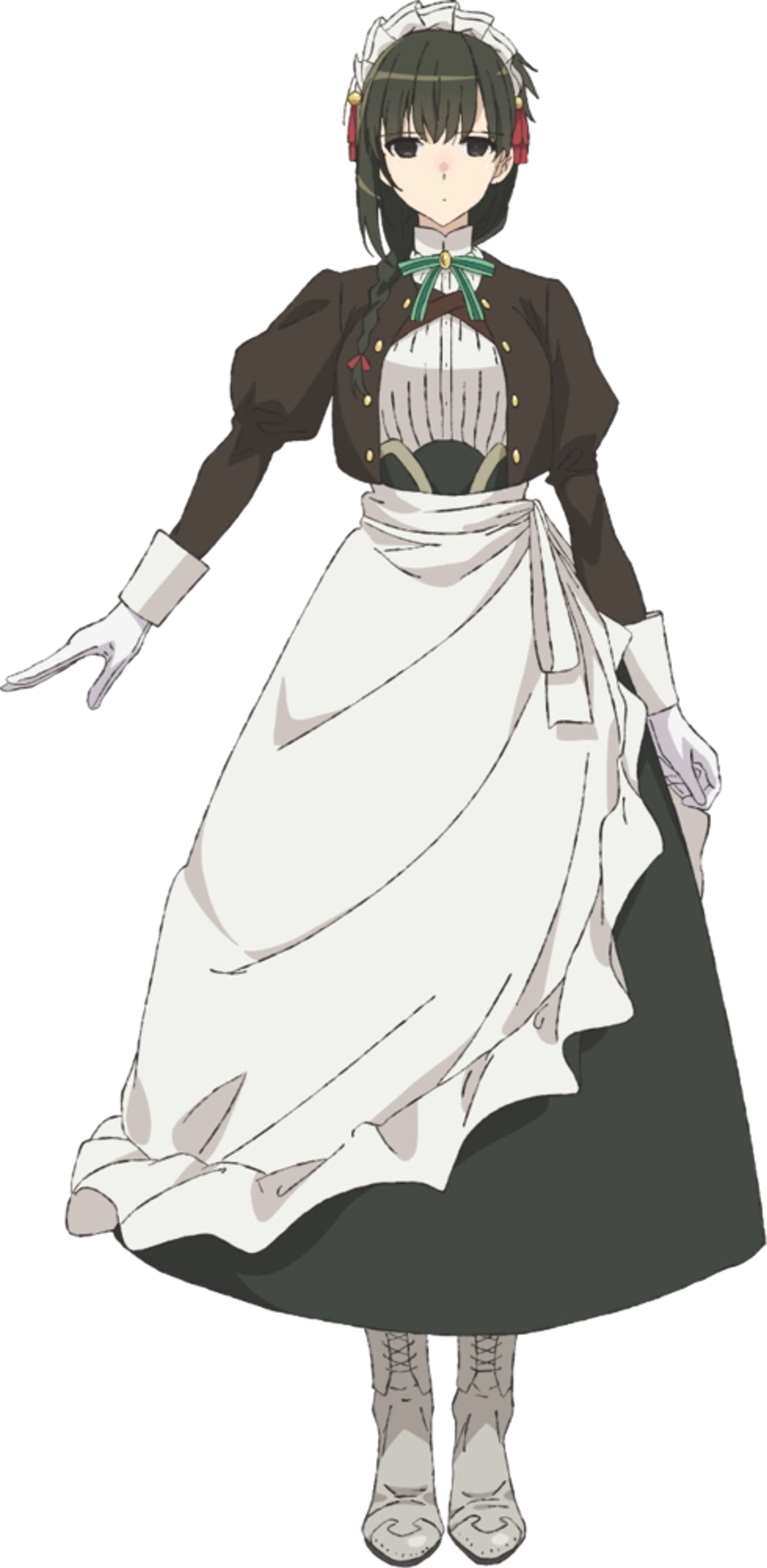 A young woman in a maid uniform with long black and blue hair