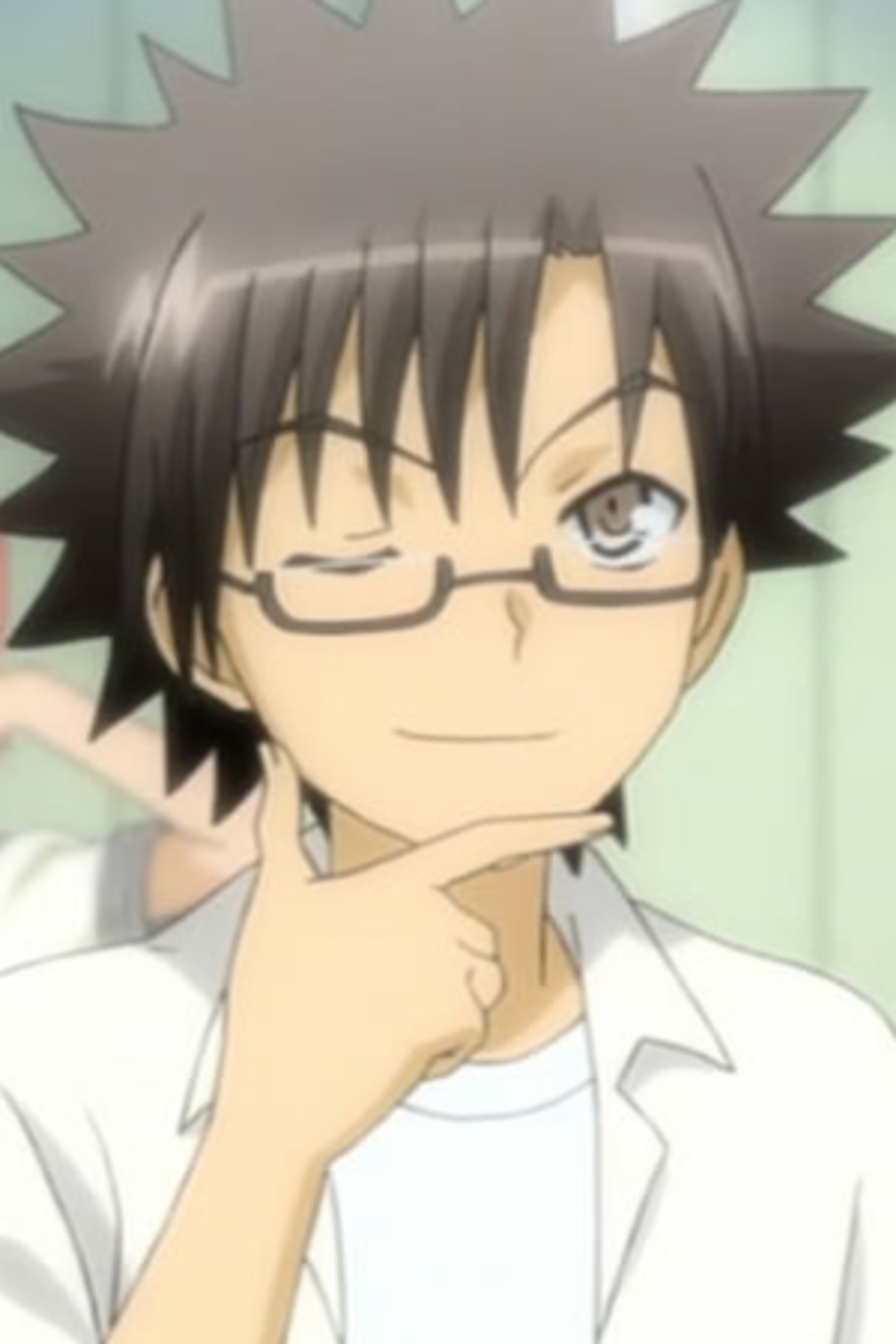 An anime character with dark hair and glasses, wearing a school uniform and looking confident.