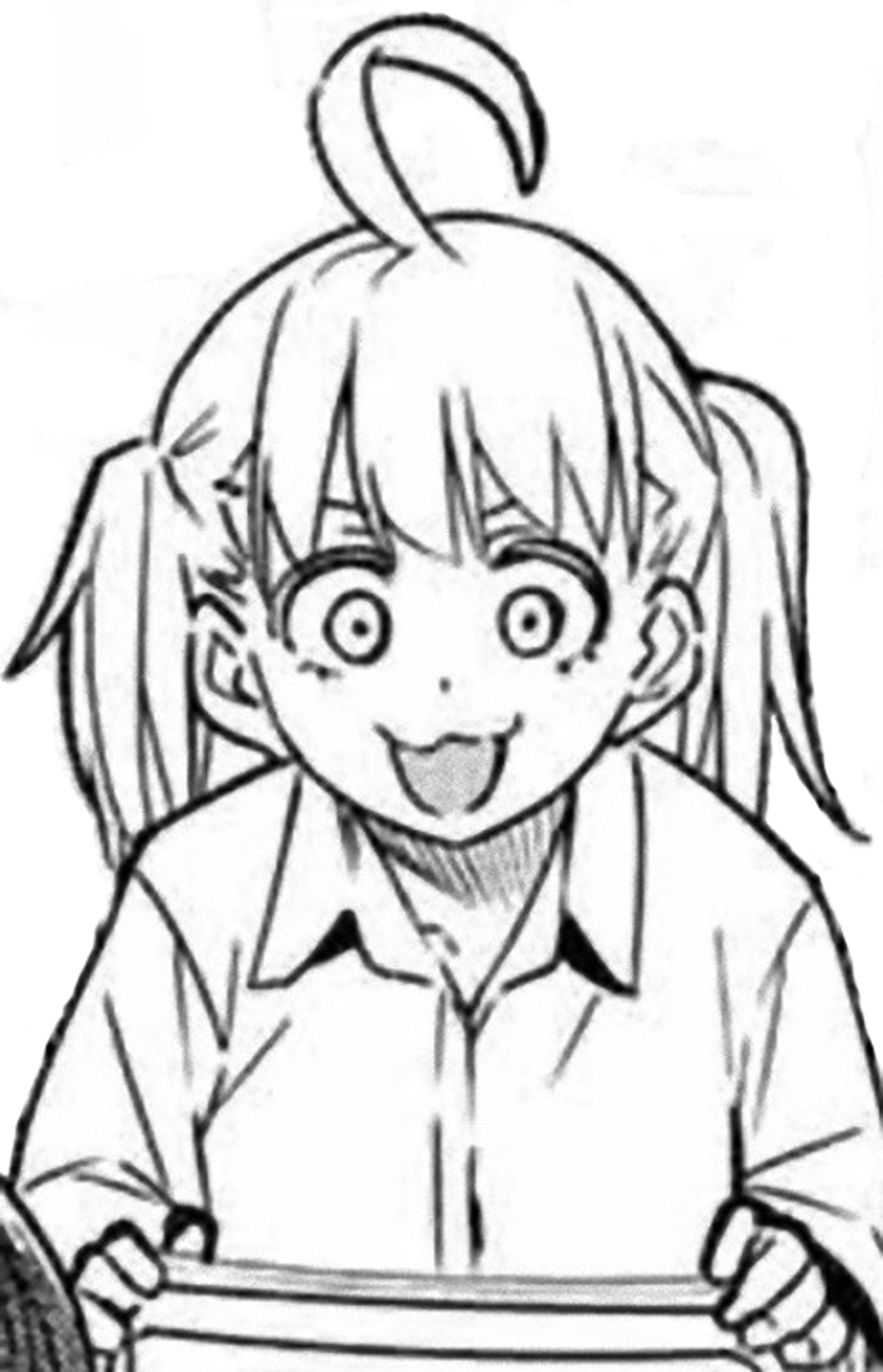 An anime-style character with long, dirty-blonde hair in pigtails, wearing a school uniform.