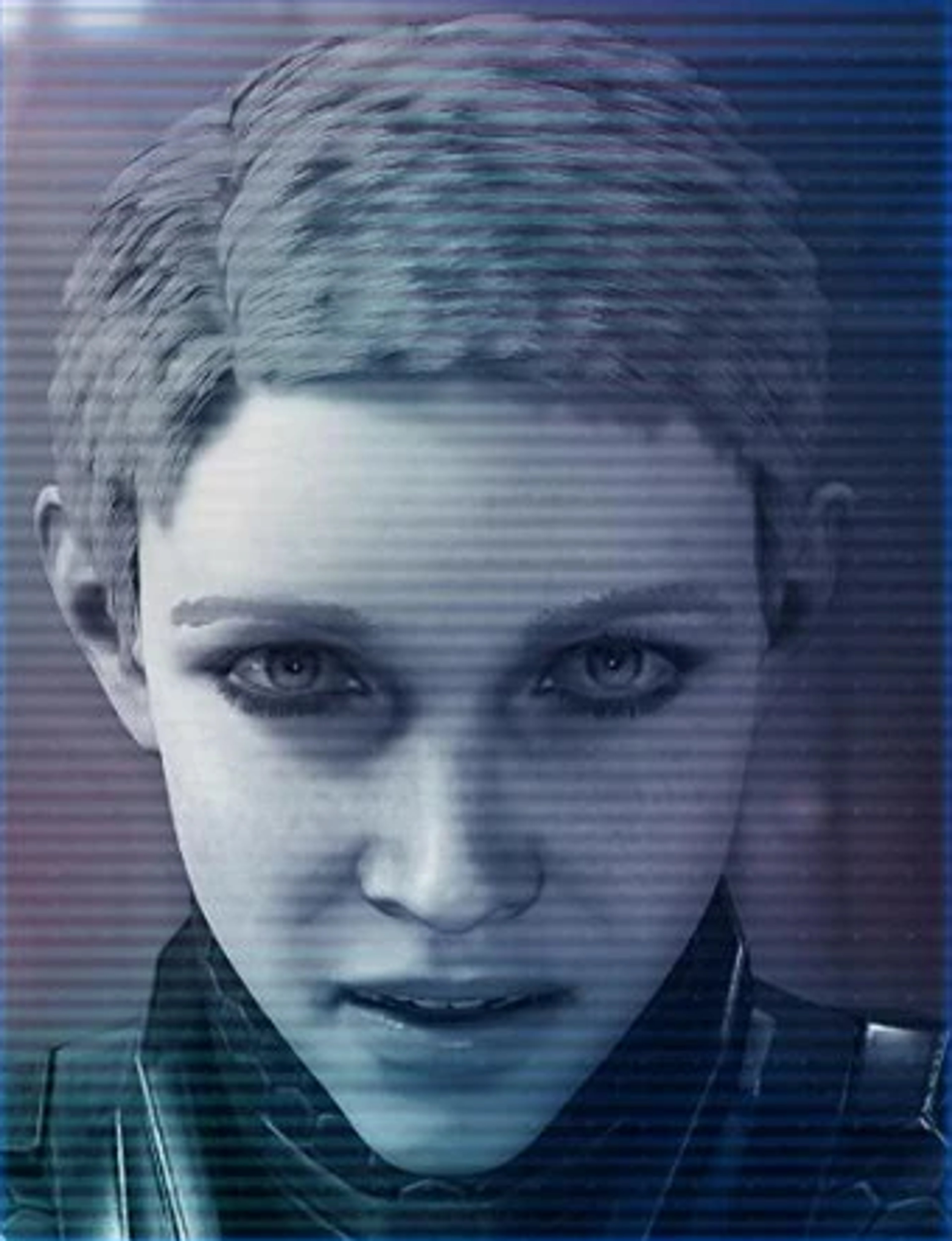 A close-up portrait of a young woman with short, light-colored hair and blue eyes, with a serious expression on her face.