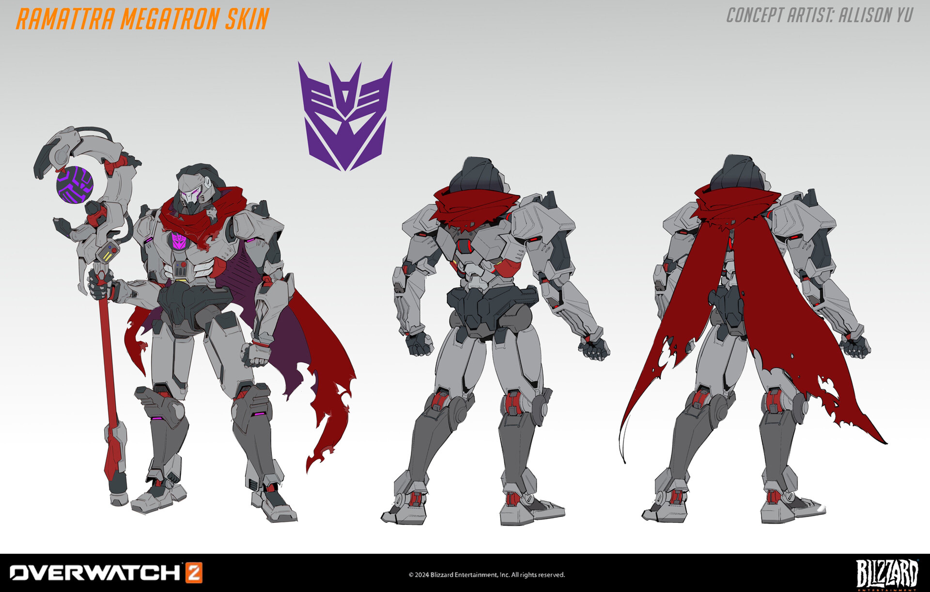 Three robotic characters in various poses, with the central figure being a tall, heavily armored character named Ramattra.