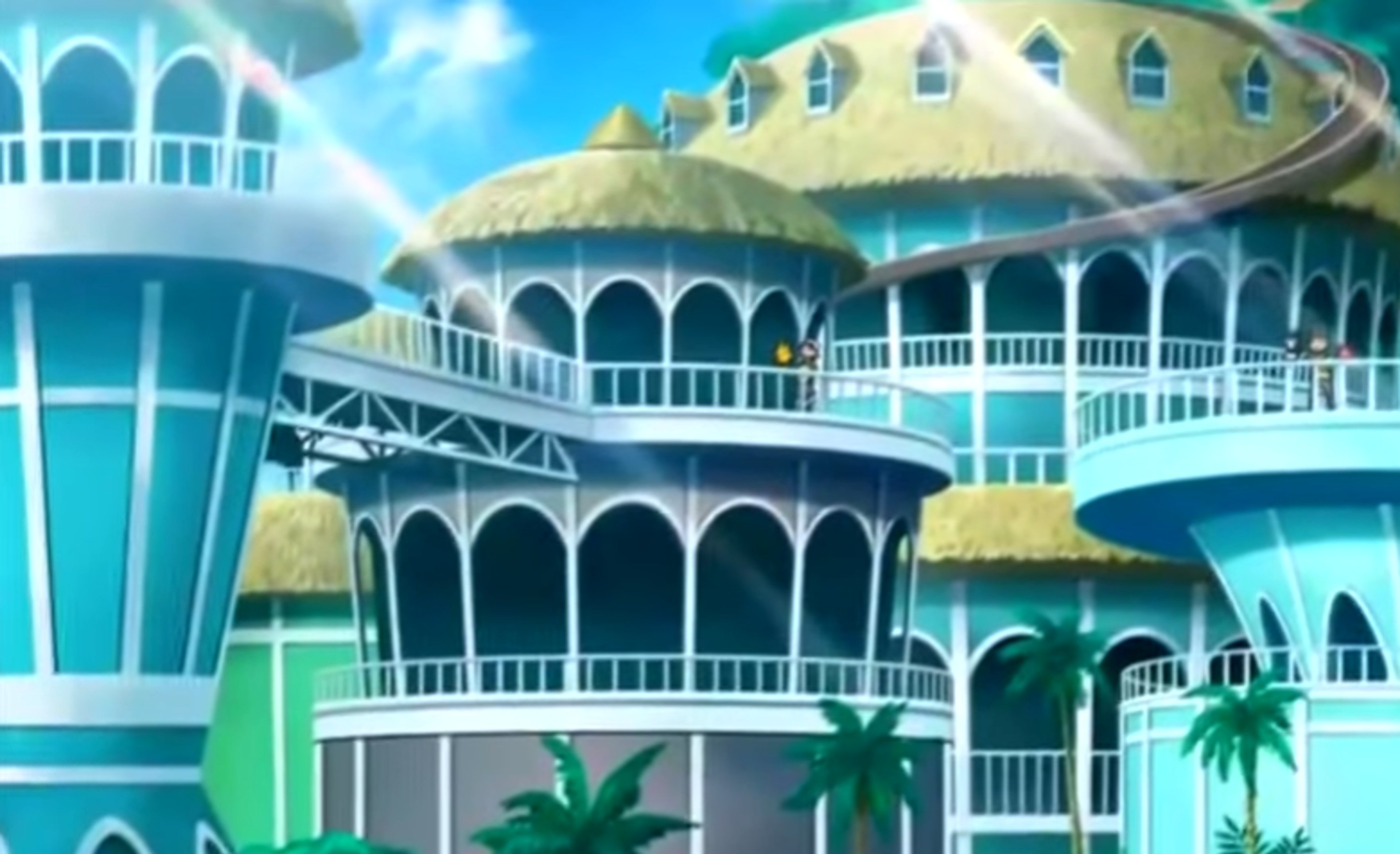 A young, male Pokémon professor with sun-kissed skin, wearing a colorful aloha shirt and lab coat, standing in an educational setting.