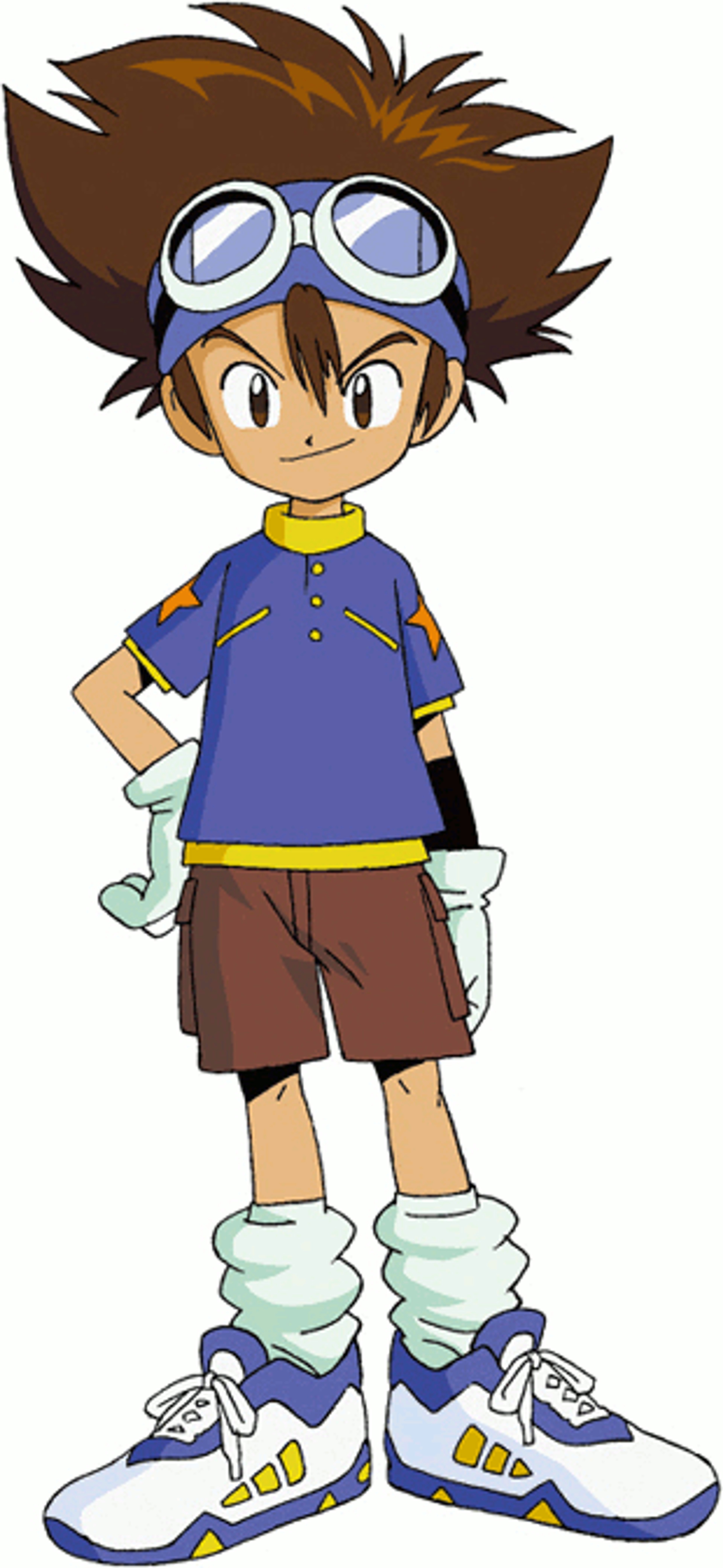 An anime-style character with spiky brown hair, goggles, and a blue shirt, standing in a confident pose.