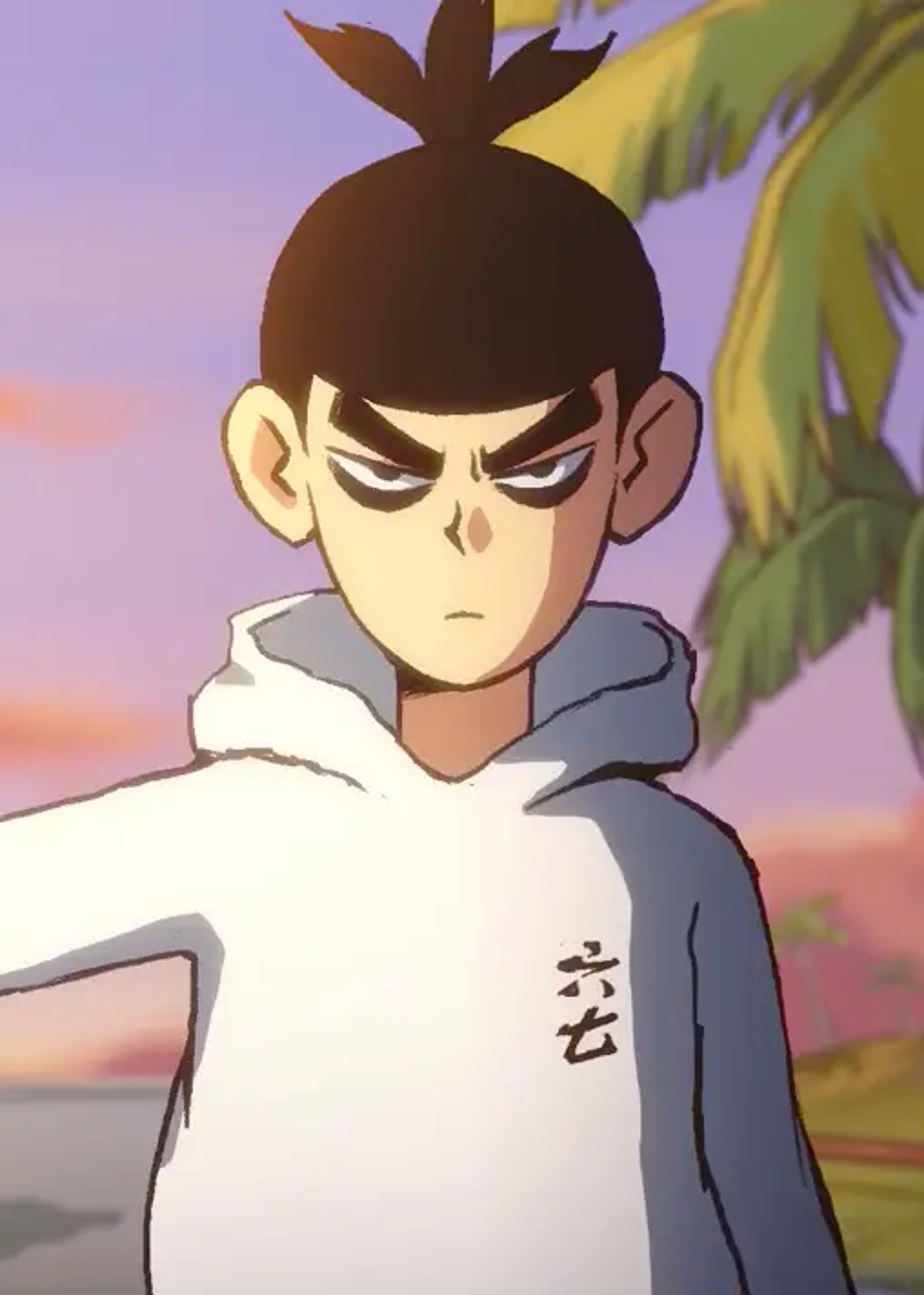 An anime-style illustration of a young man with a serious expression, wearing a gray hooded sweatshirt.