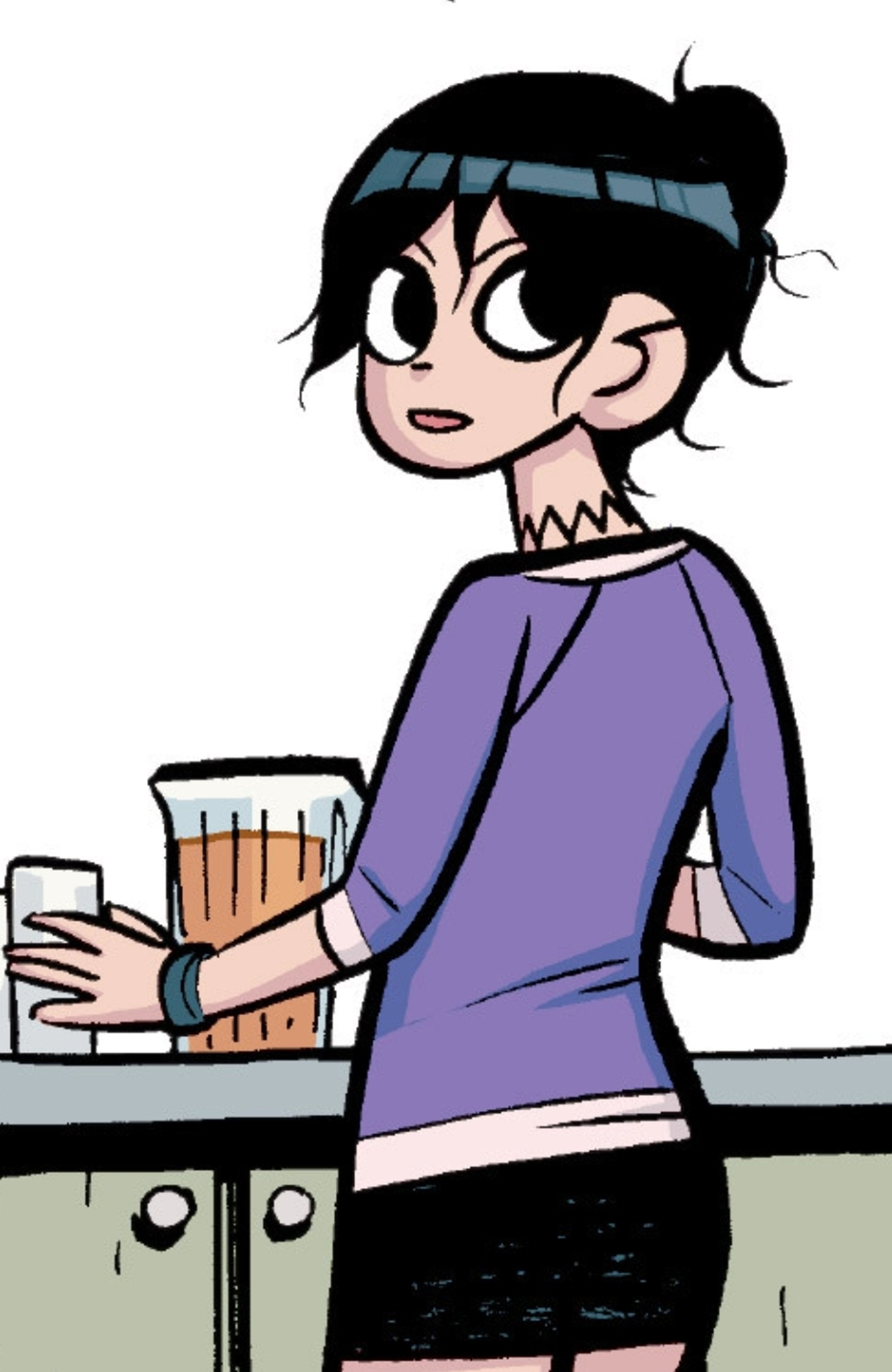 A young woman with short, dark hair wearing a purple shirt standing in a video store setting.
