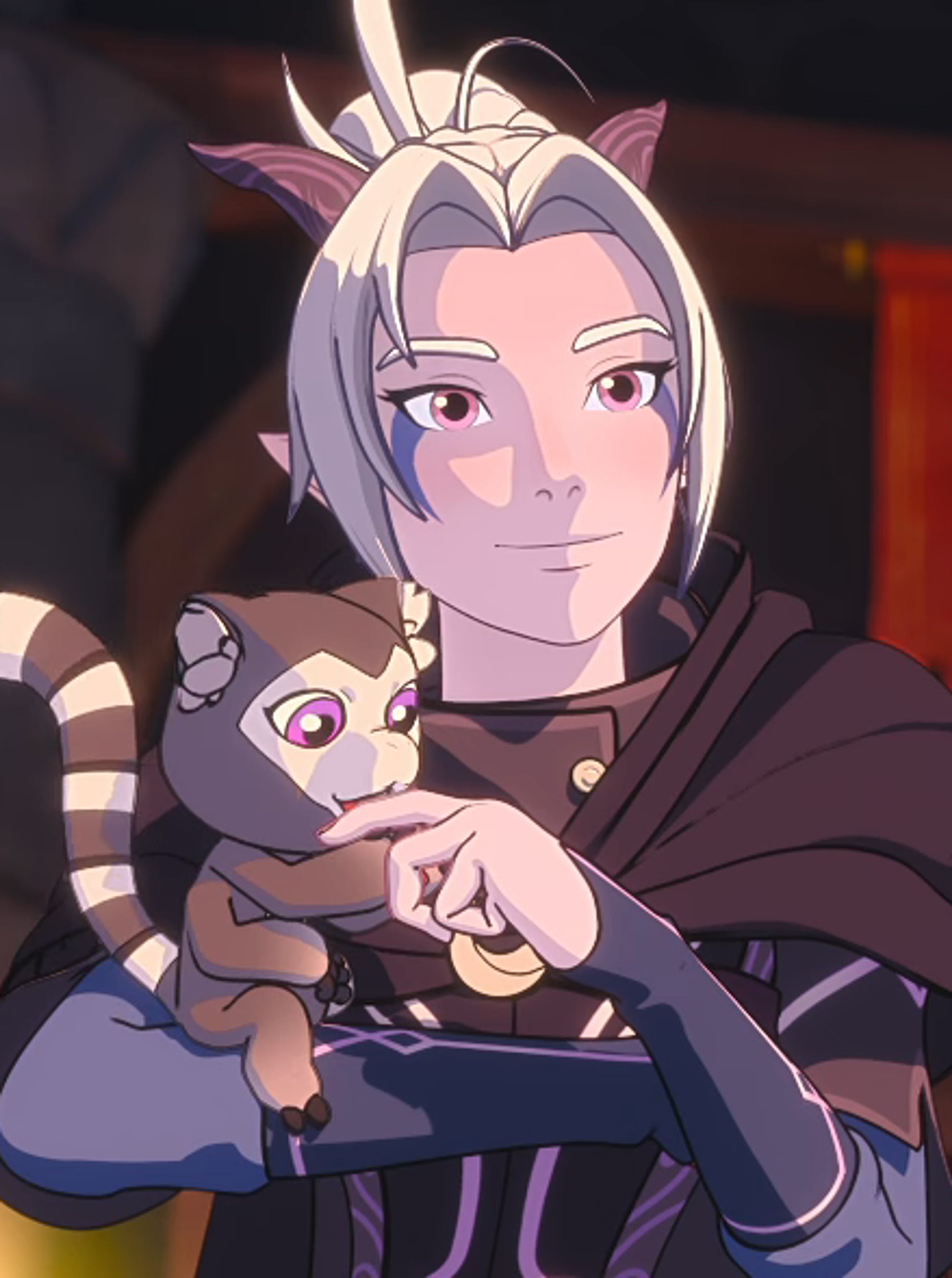 A female elf-like character with gray skin, horns, and white hair holding a small creature