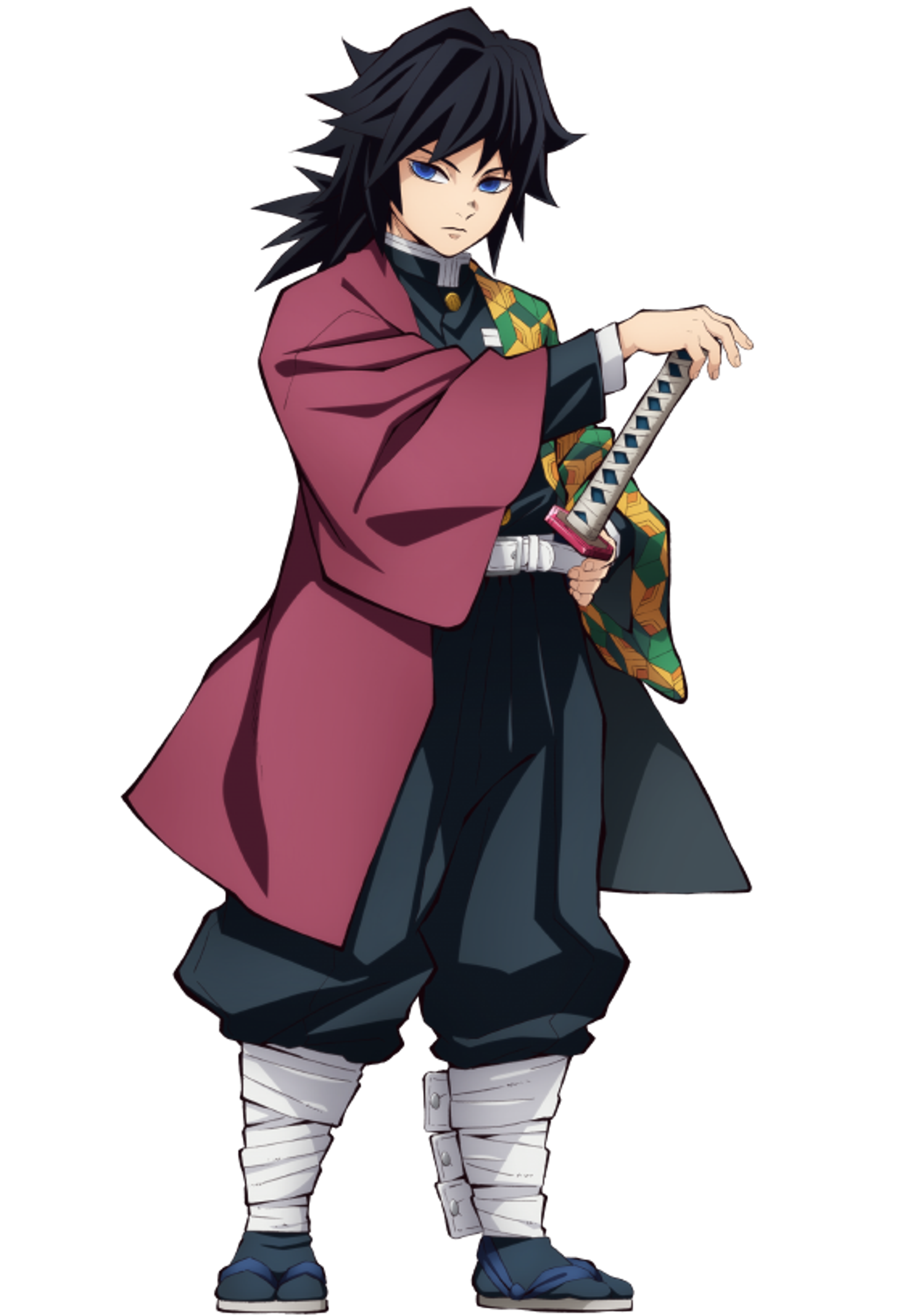 A serious-looking swordsman in a red haori jacket