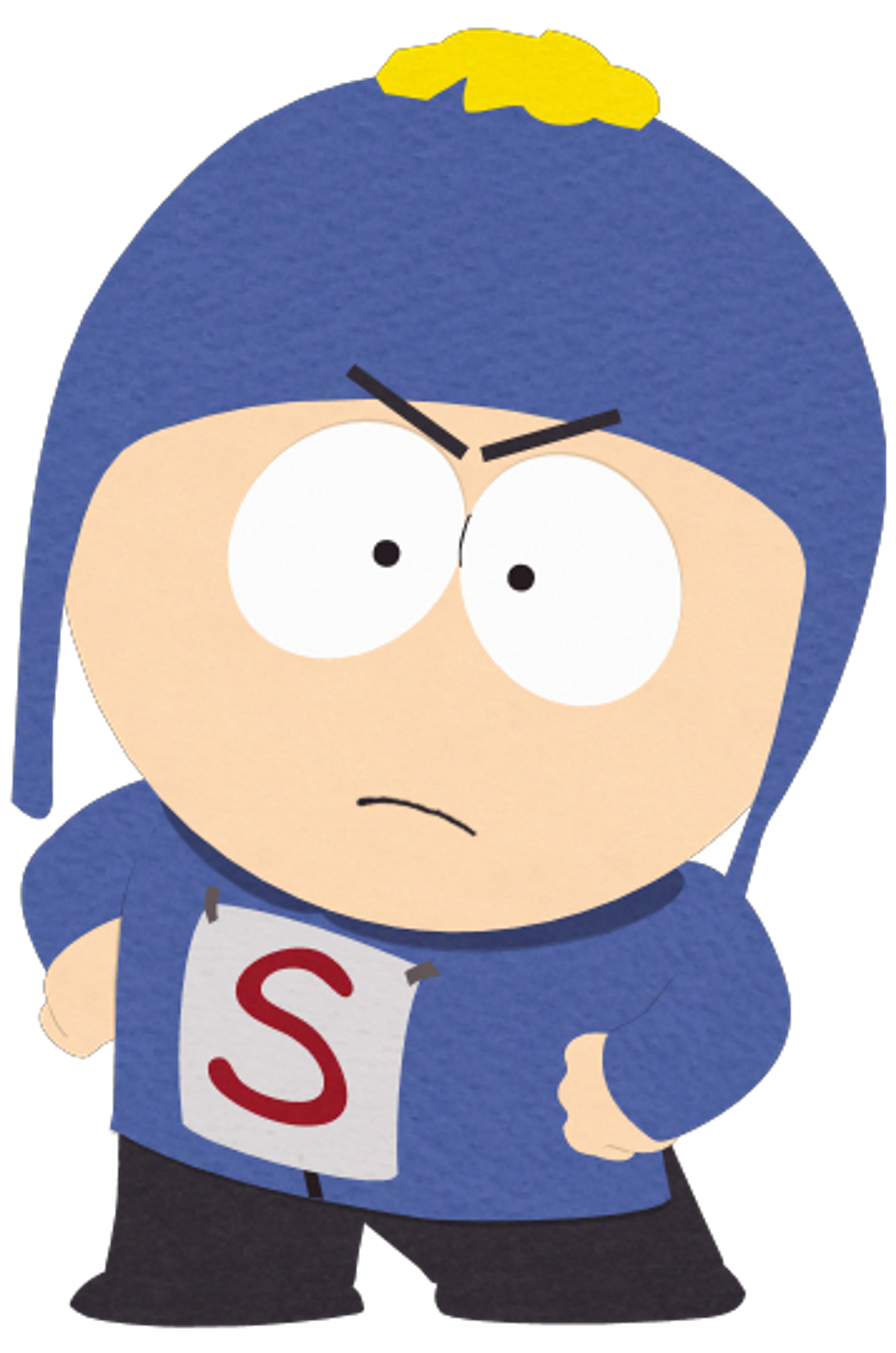 A cartoon character named Super Craig, a 10-year-old boy in a blue jacket and hat, making a middle finger gesture.