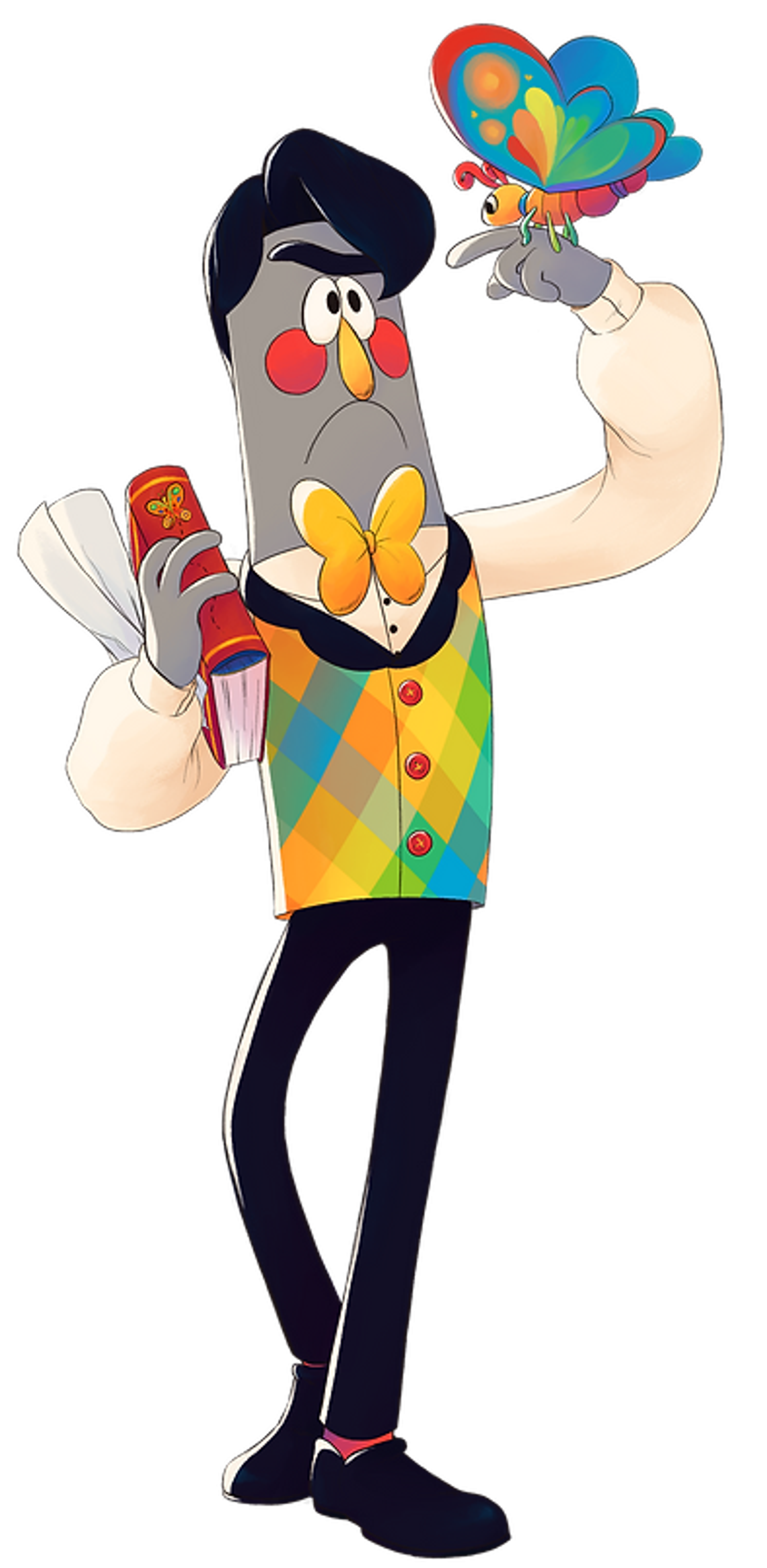 A grey-skinned puppet character with dark blue hair, a long yellow nose, and a permanent frown, wearing a multicolored gingham vest and holding a colorful butterfly.