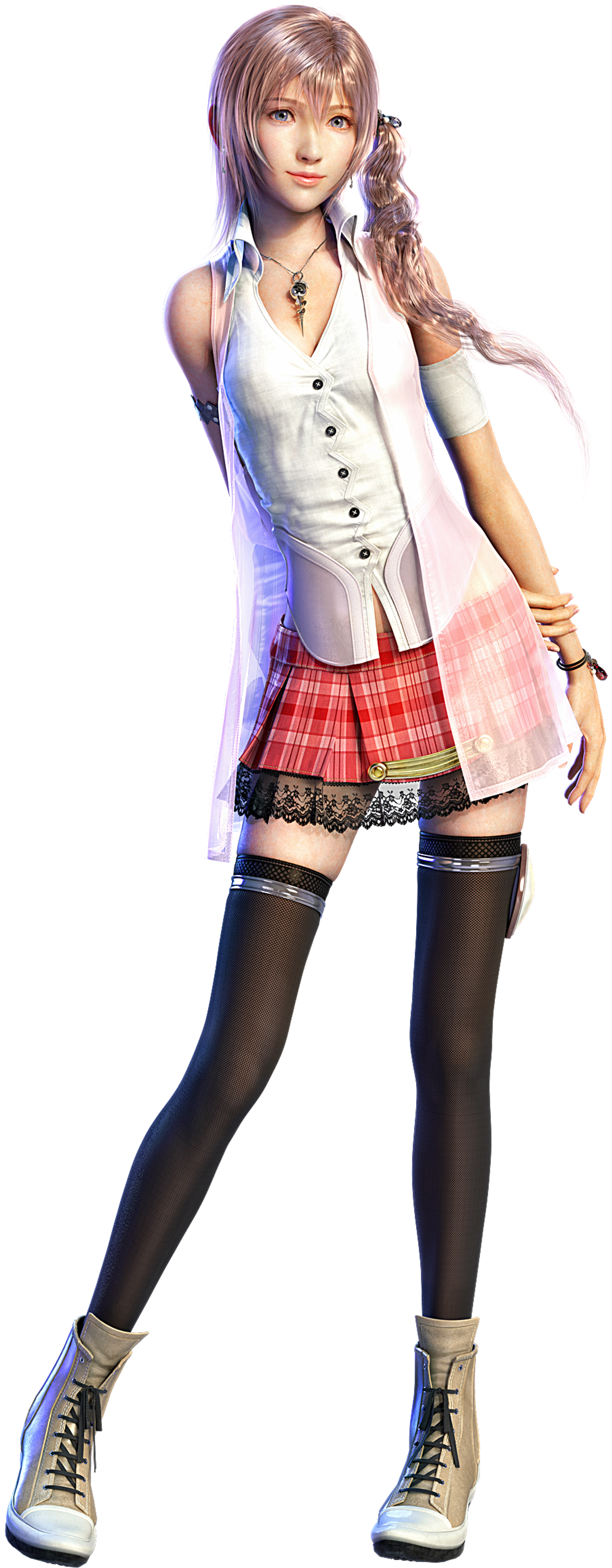 A young woman with pink and purple hair wearing a white shirt, red plaid skirt, and brown boots.