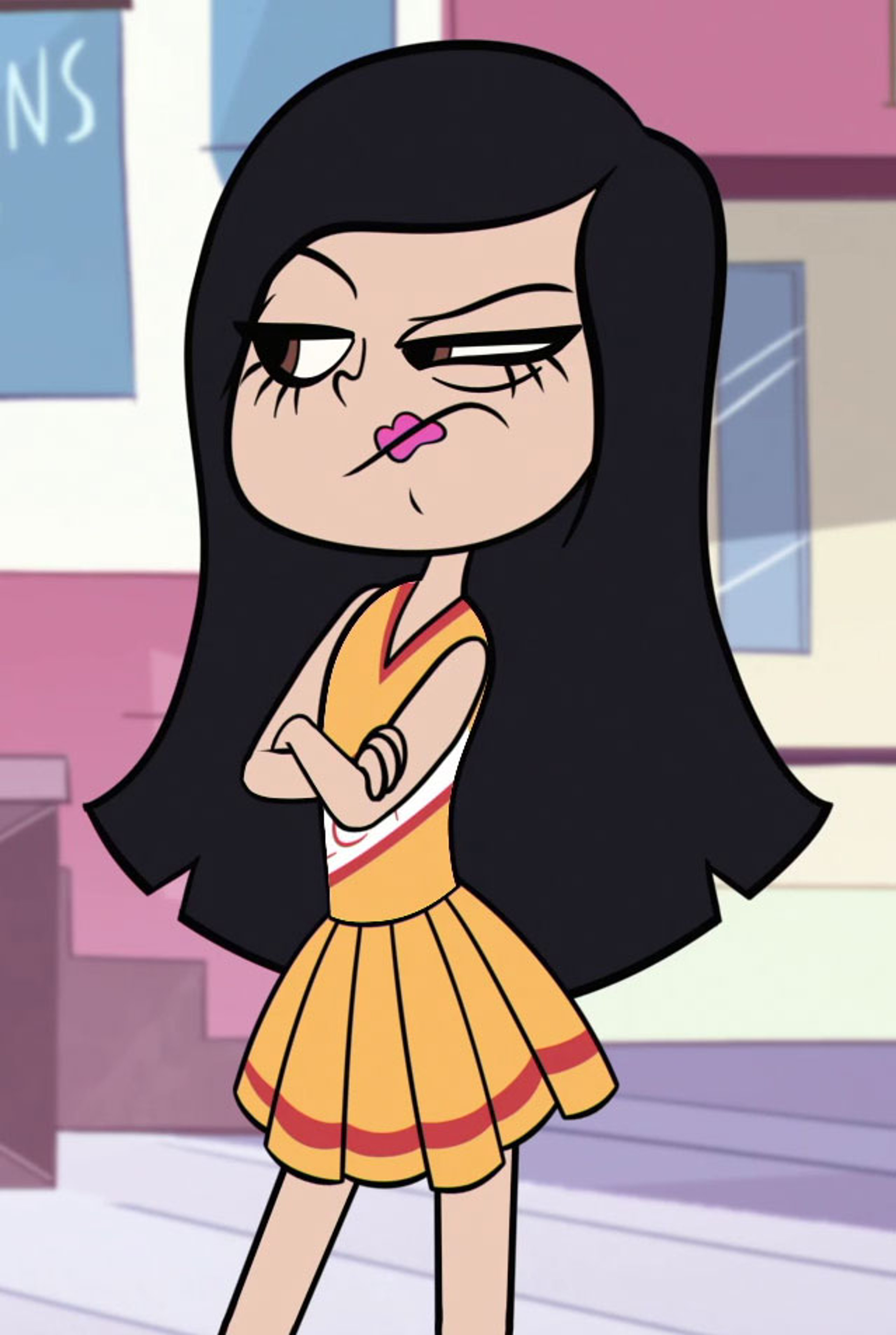 An animated character with long black hair, a yellow dress, and a serious expression.