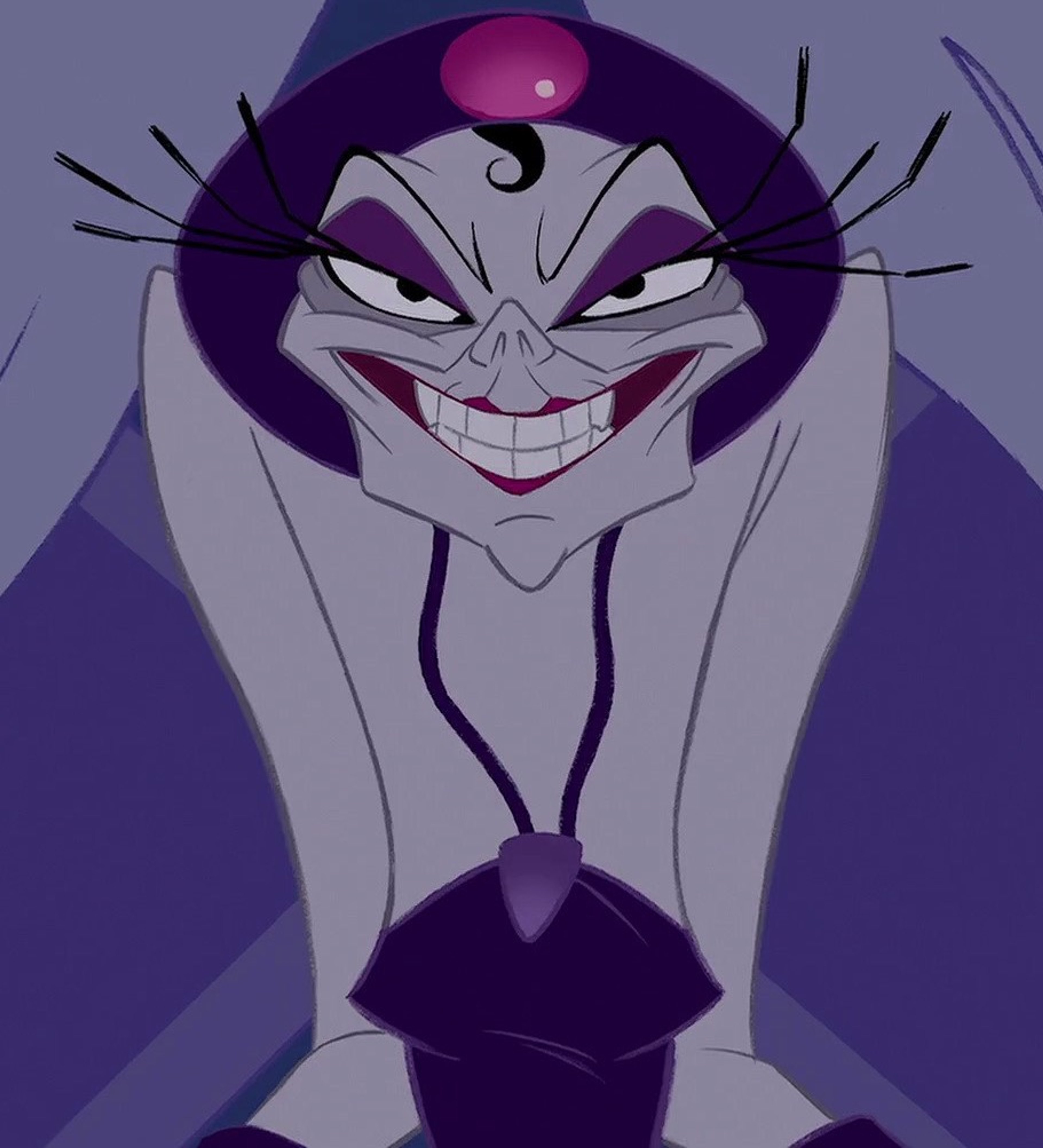 A detailed illustration of the character Yzma, an elderly, purple-skinned sorceress with an exaggerated, sinister appearance.