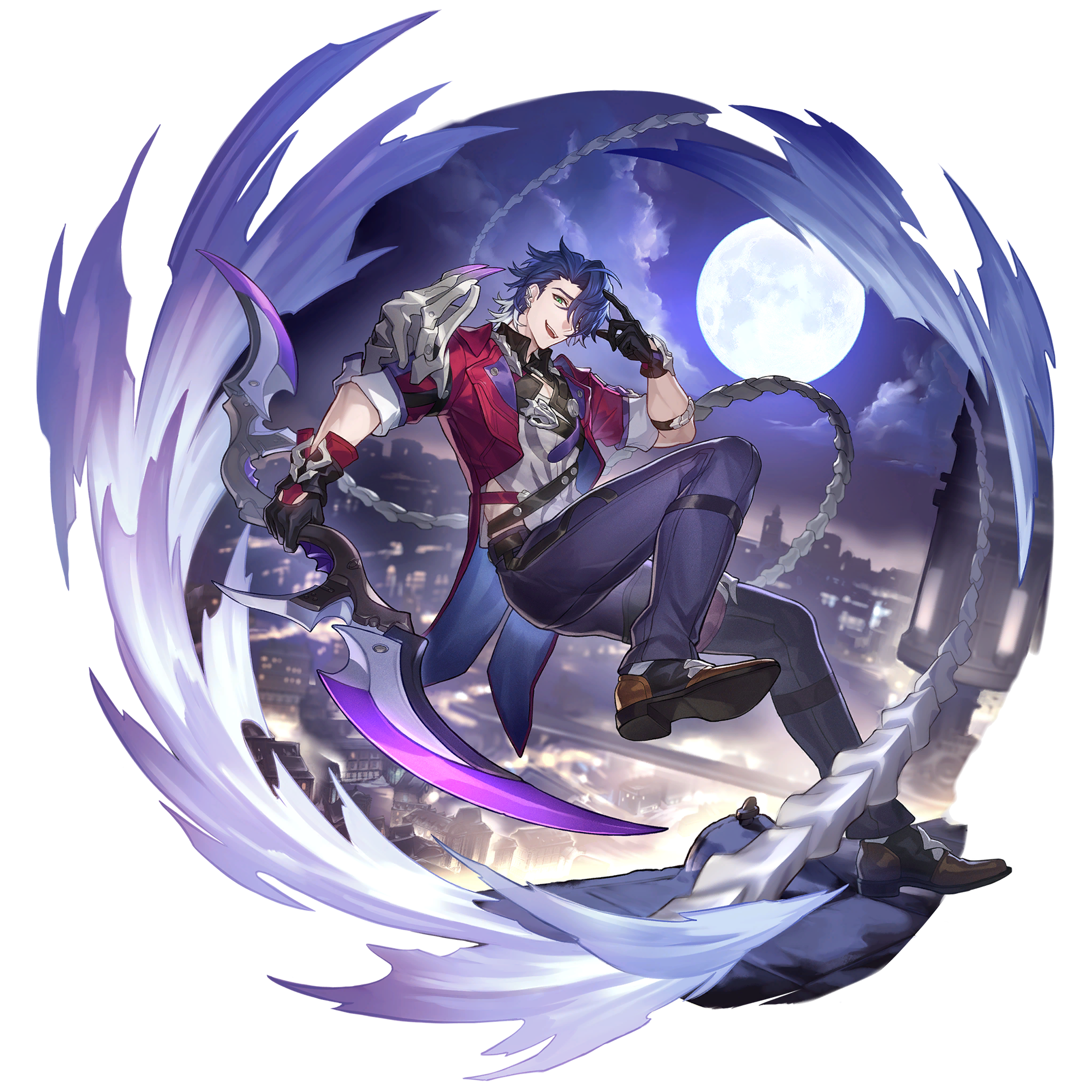 A young, silver-haired man in a red coat surrounded by magical energy