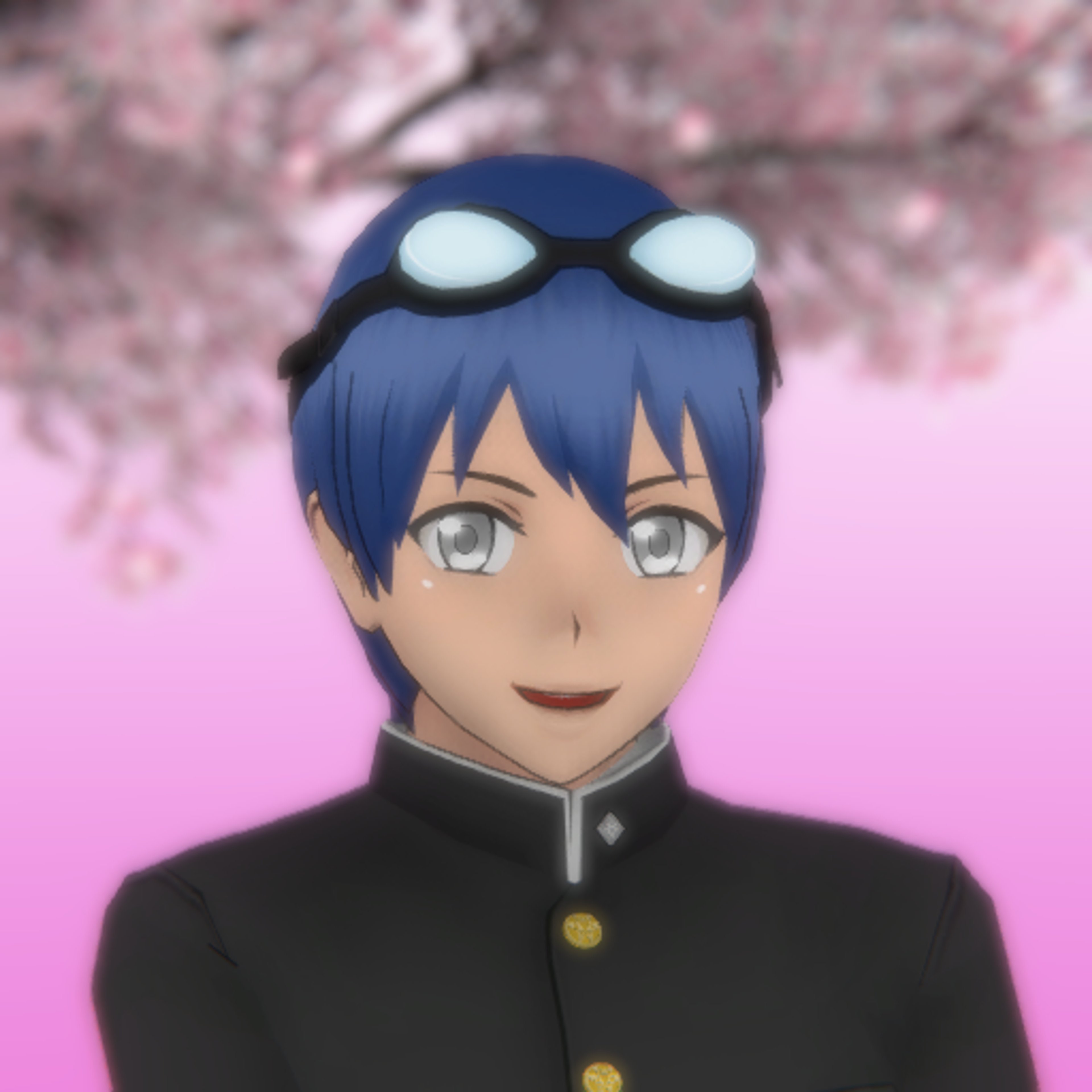 An anime-style character with blue hair and white eyes wearing a school uniform