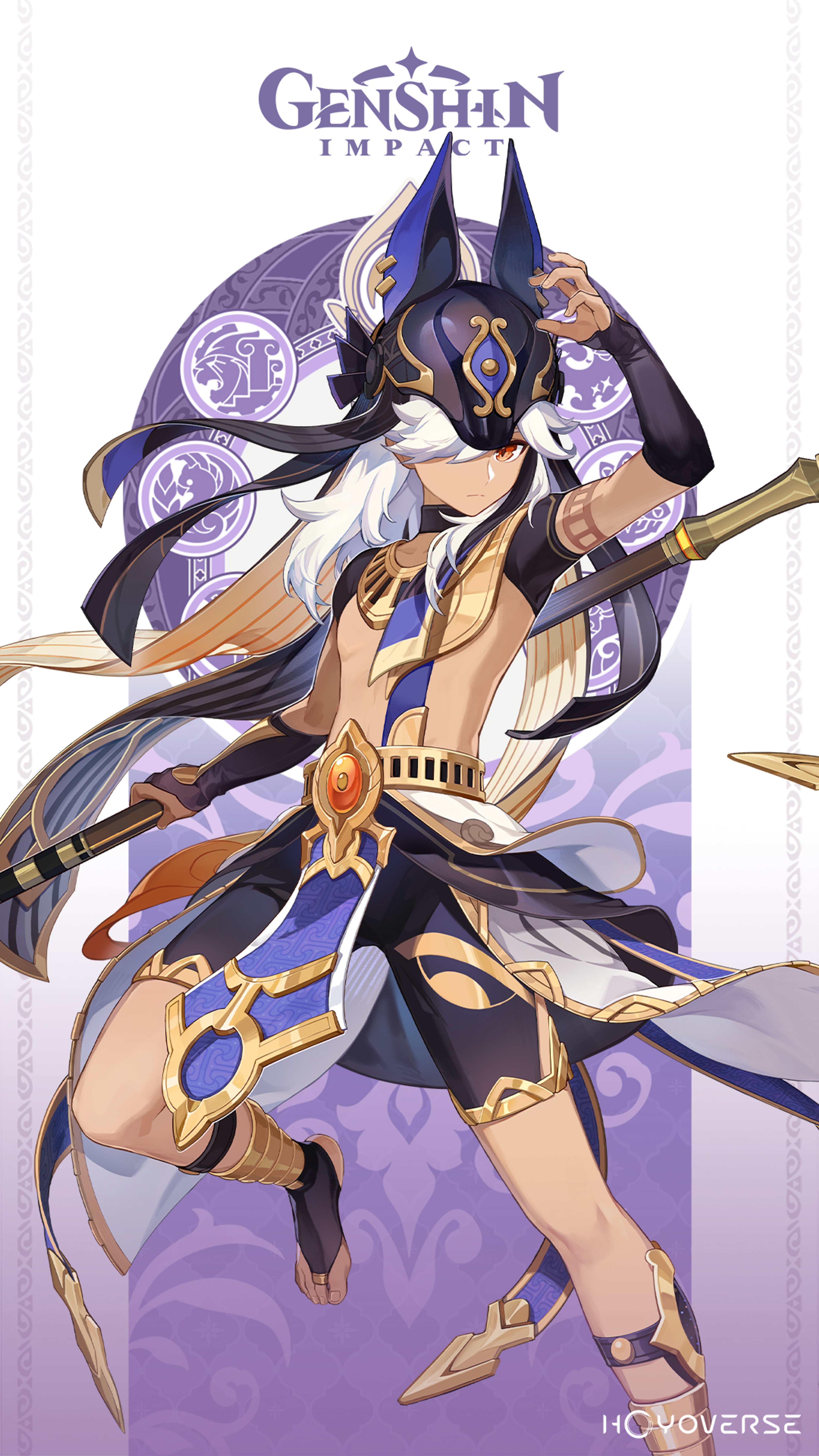 A powerful and respected figure named Cyno from the Sumeru Akademiya, wearing ornate armor and wielding a spear.