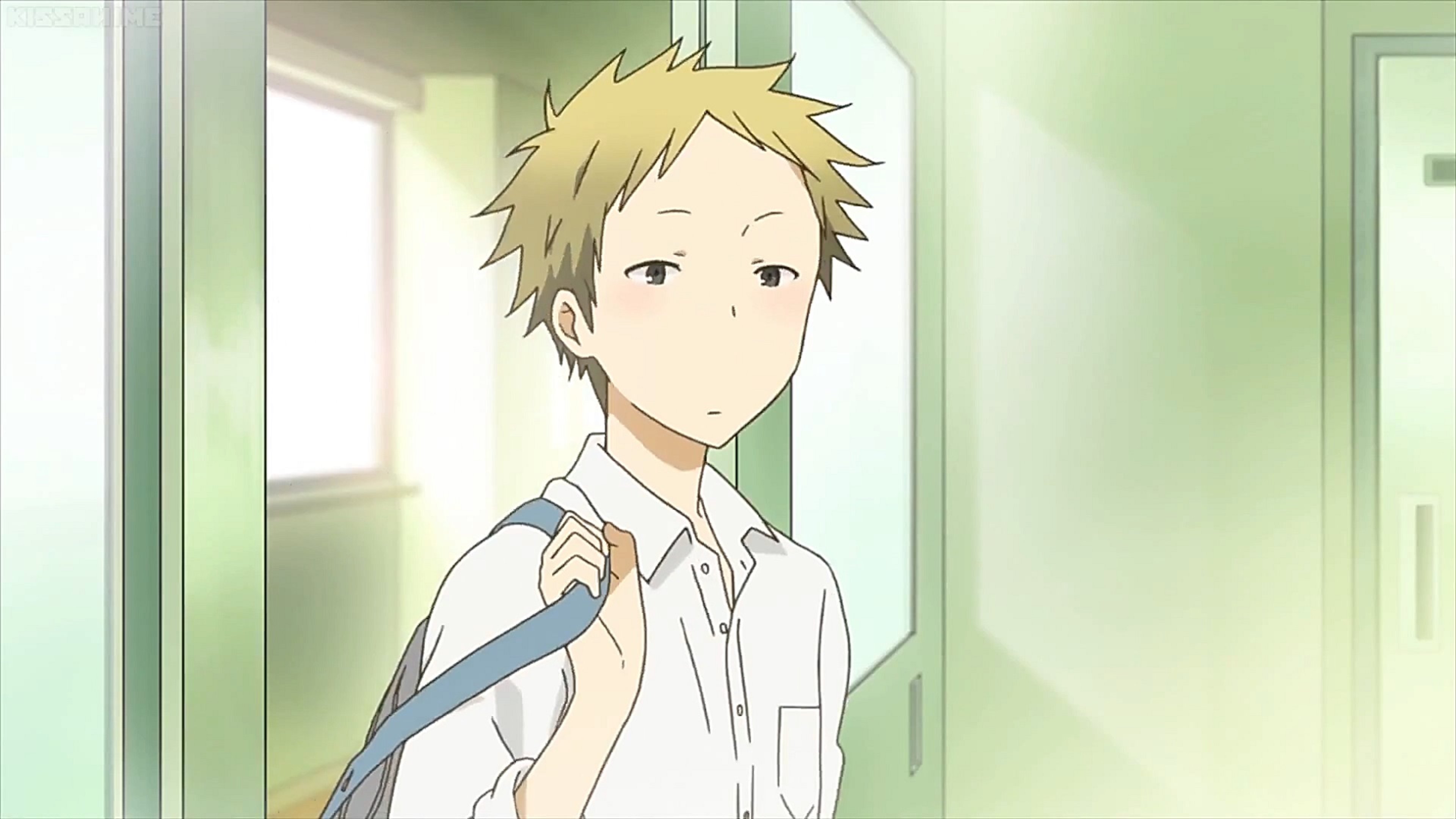 A young male anime-style character with blond hair in a school setting
