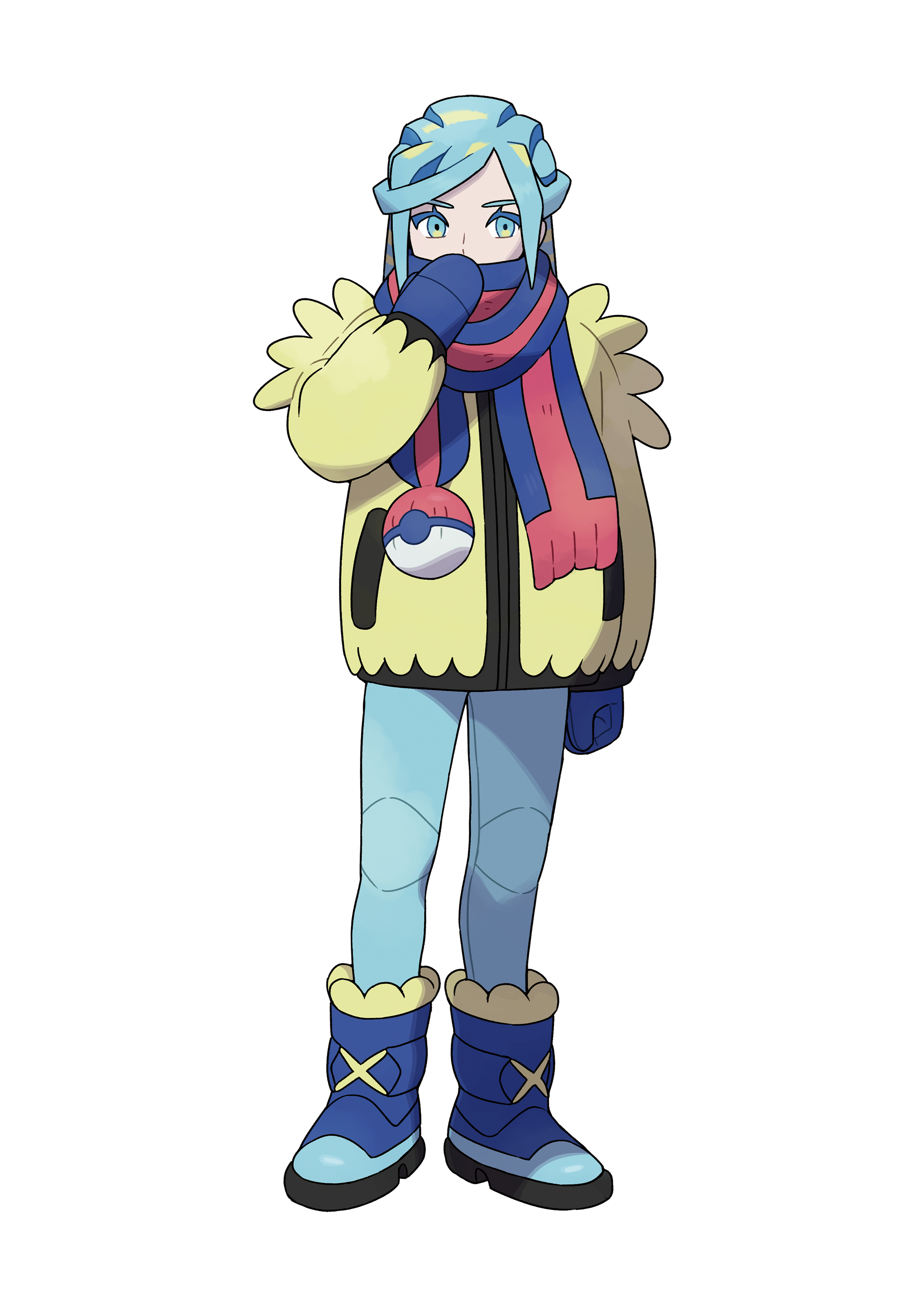 A young, blue-haired male character with a stoic expression, wearing a blue scarf, yellow jacket, and blue pants.