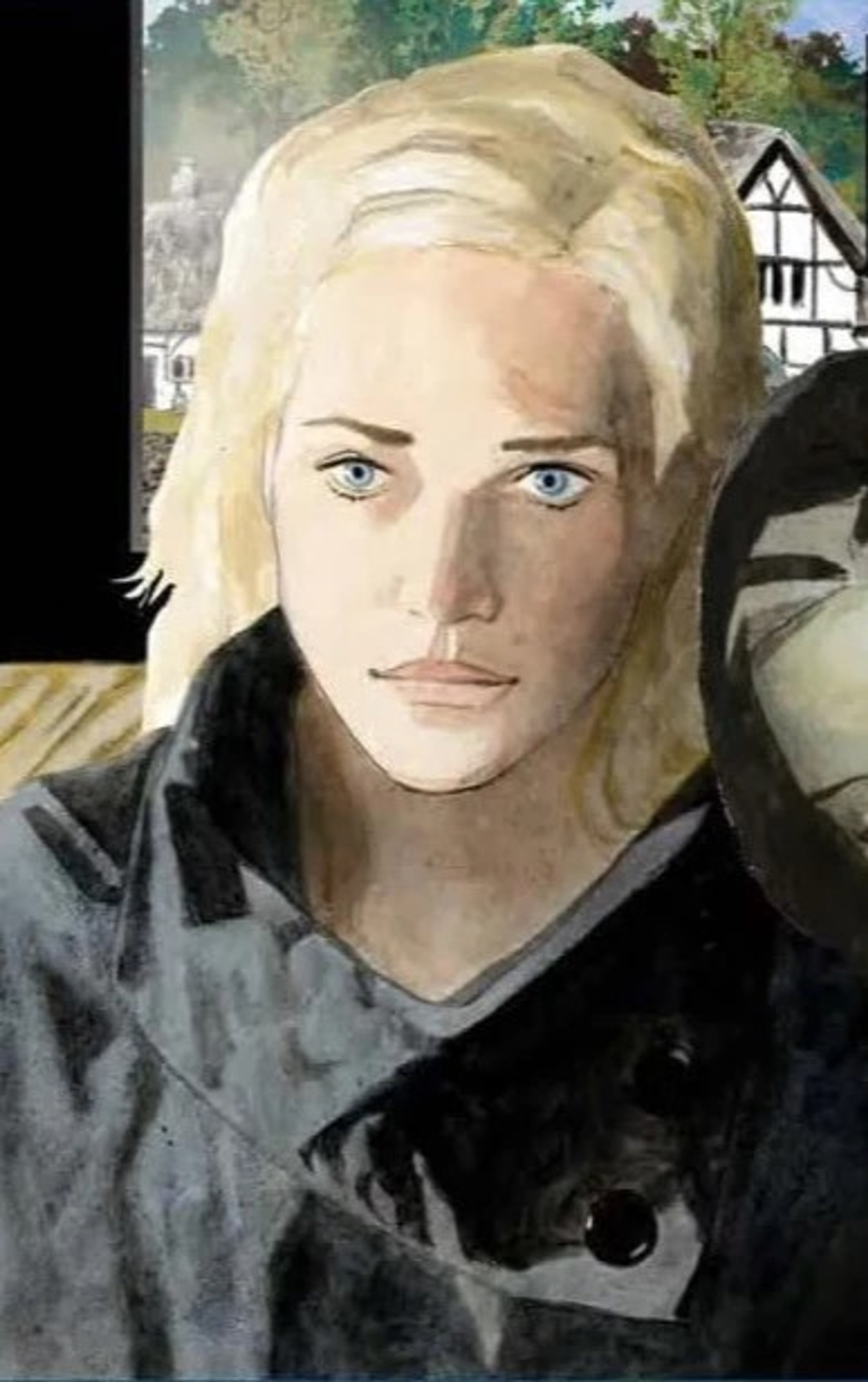 A woman with blonde hair and blue eyes wearing a dark gray coat