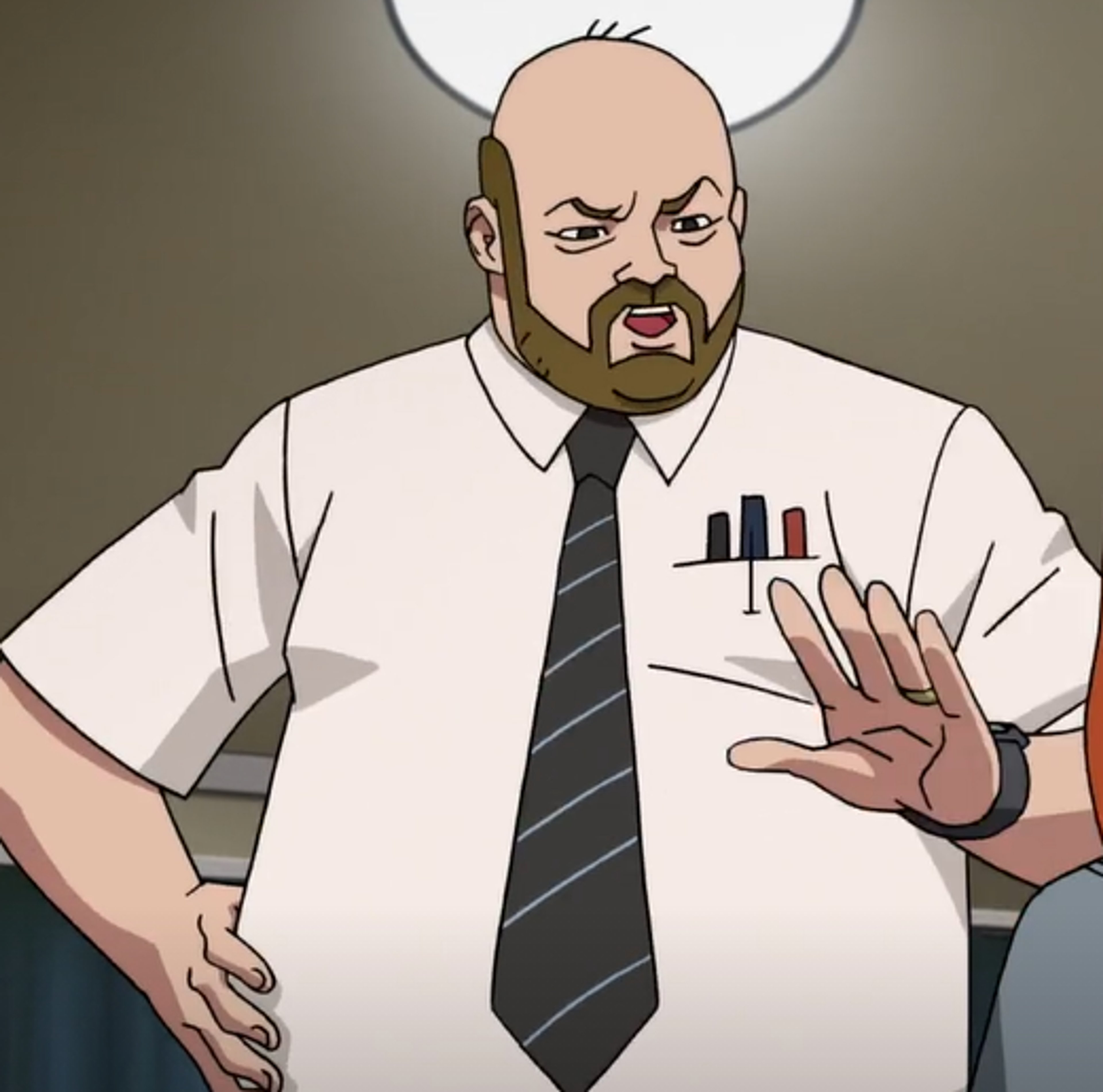 A middle-aged man with a beard and mustache, wearing a white shirt and tie, gesturing with his hand.