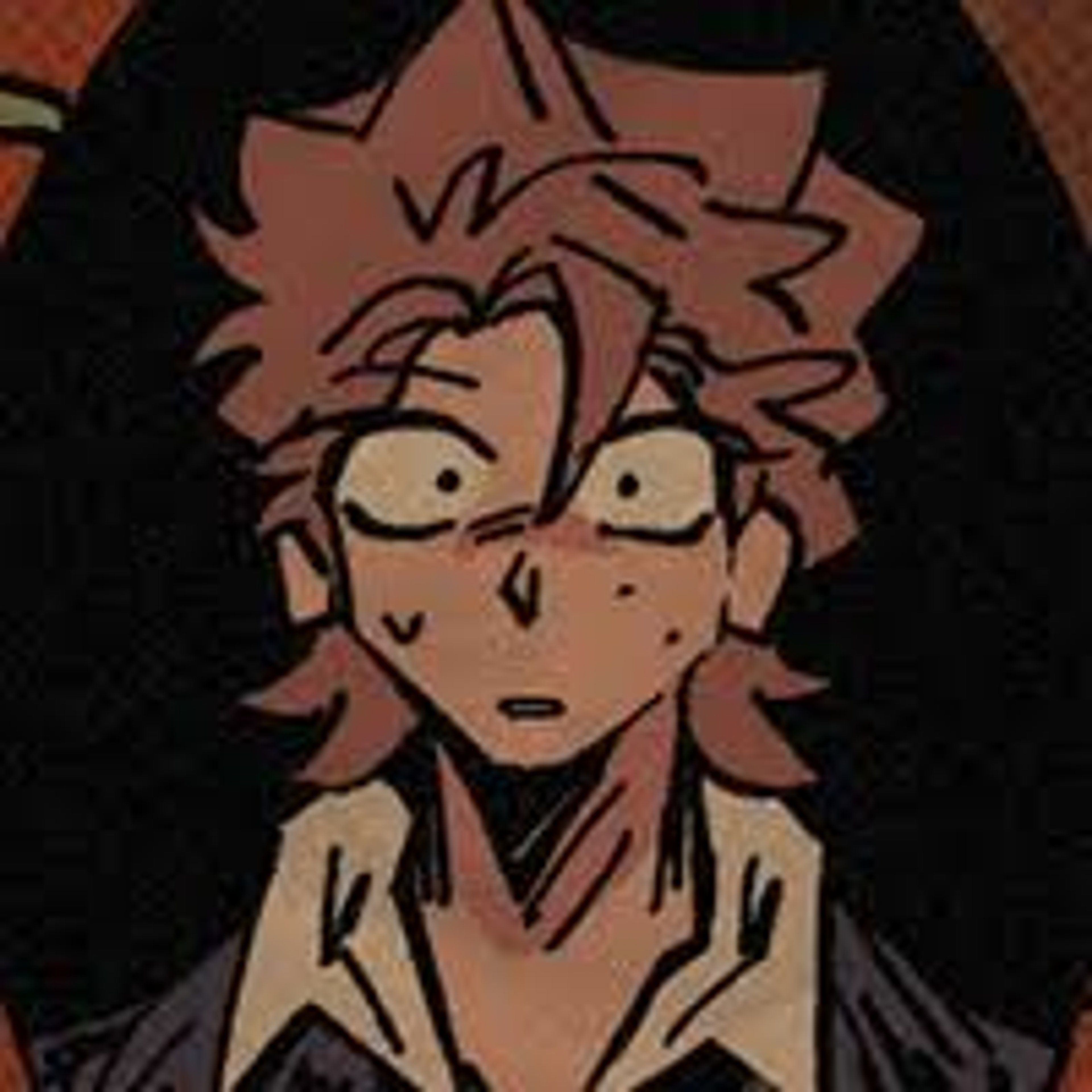 An animated character with messy brown hair, gray eyes, and a slightly disheveled appearance.