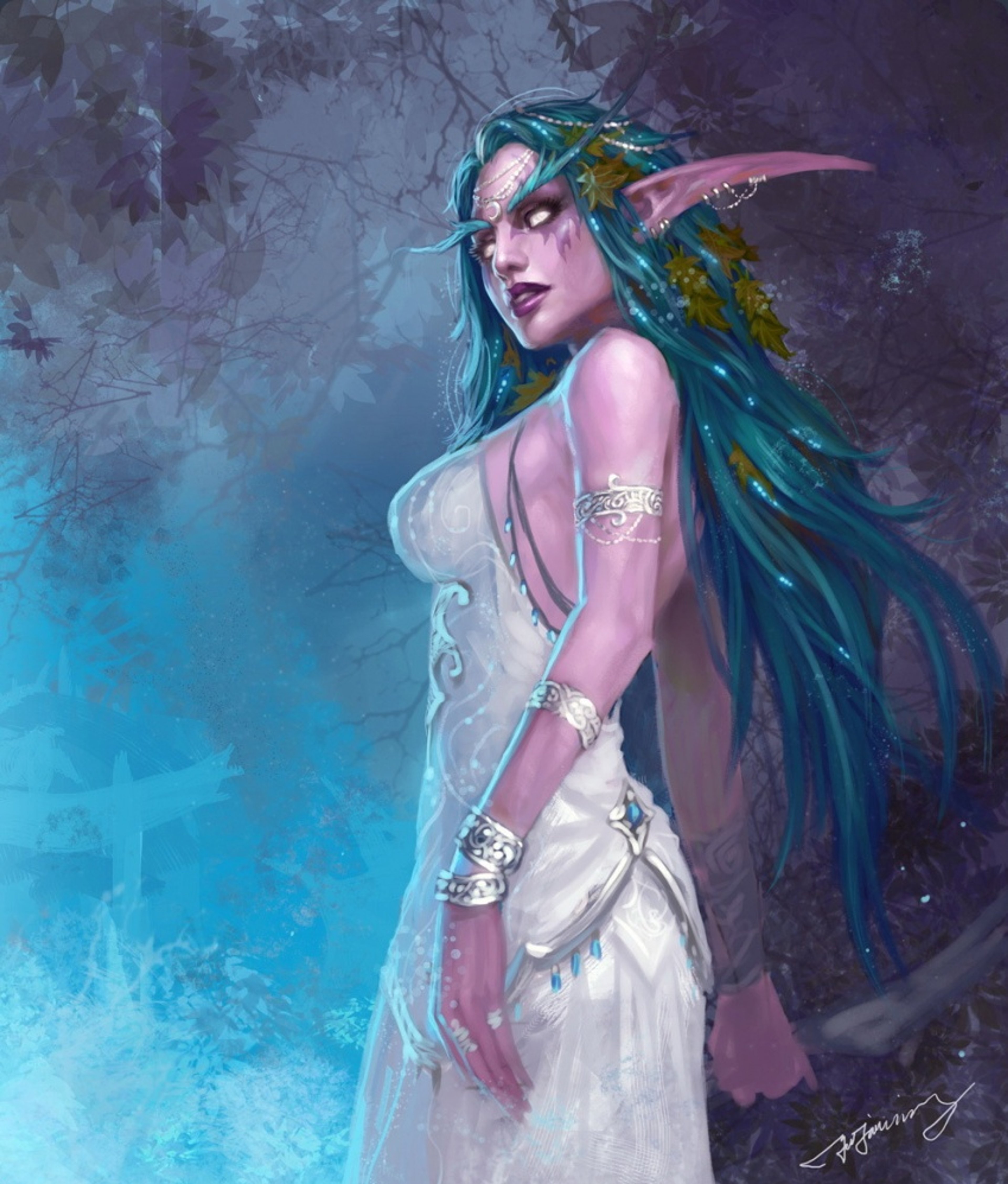 A powerful and mystical female character with silver eyes and blue hair, wearing a white dress.