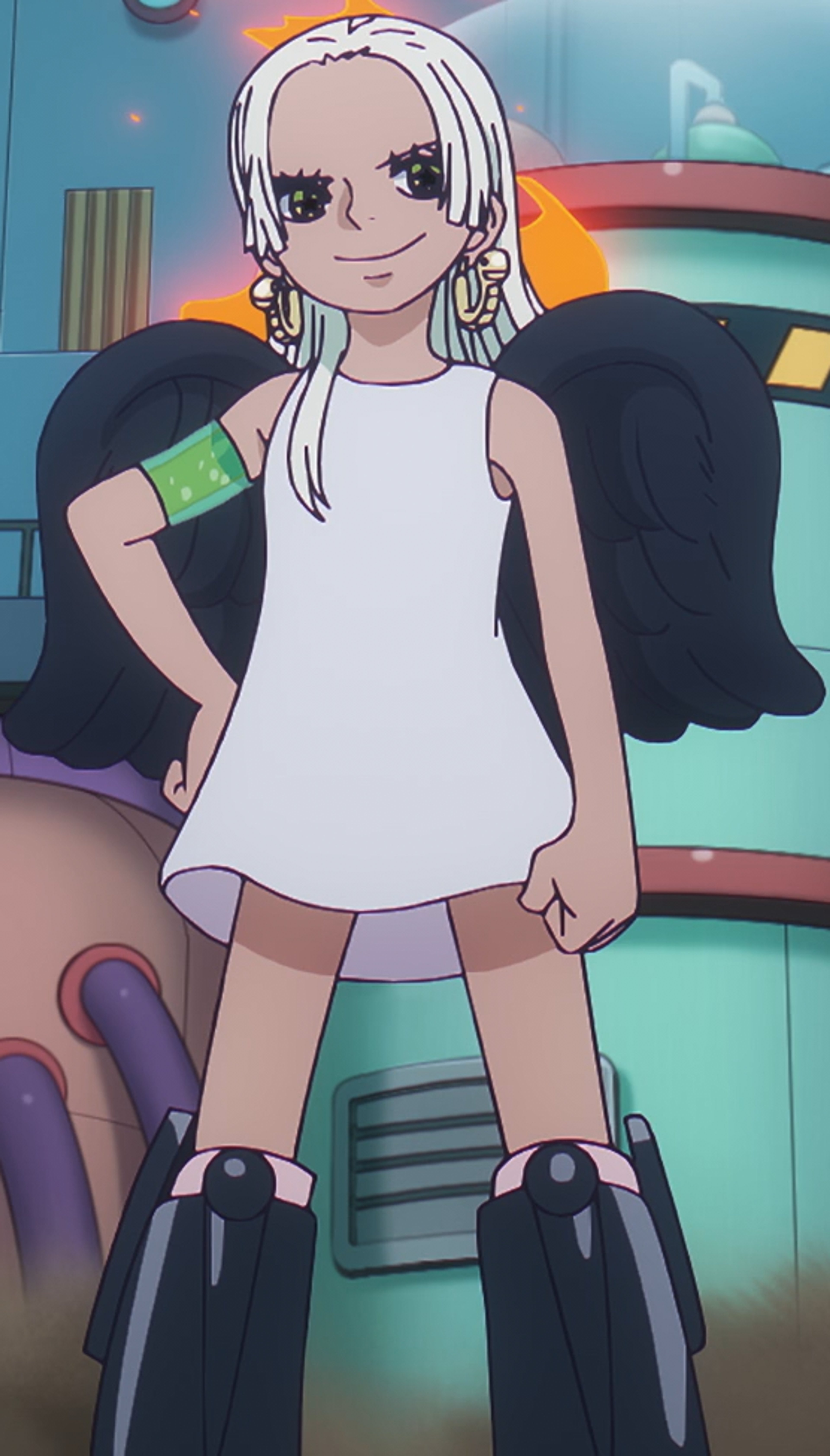 An anime-style character with long black hair, yellow eyes, and black wings, wearing a white dress.