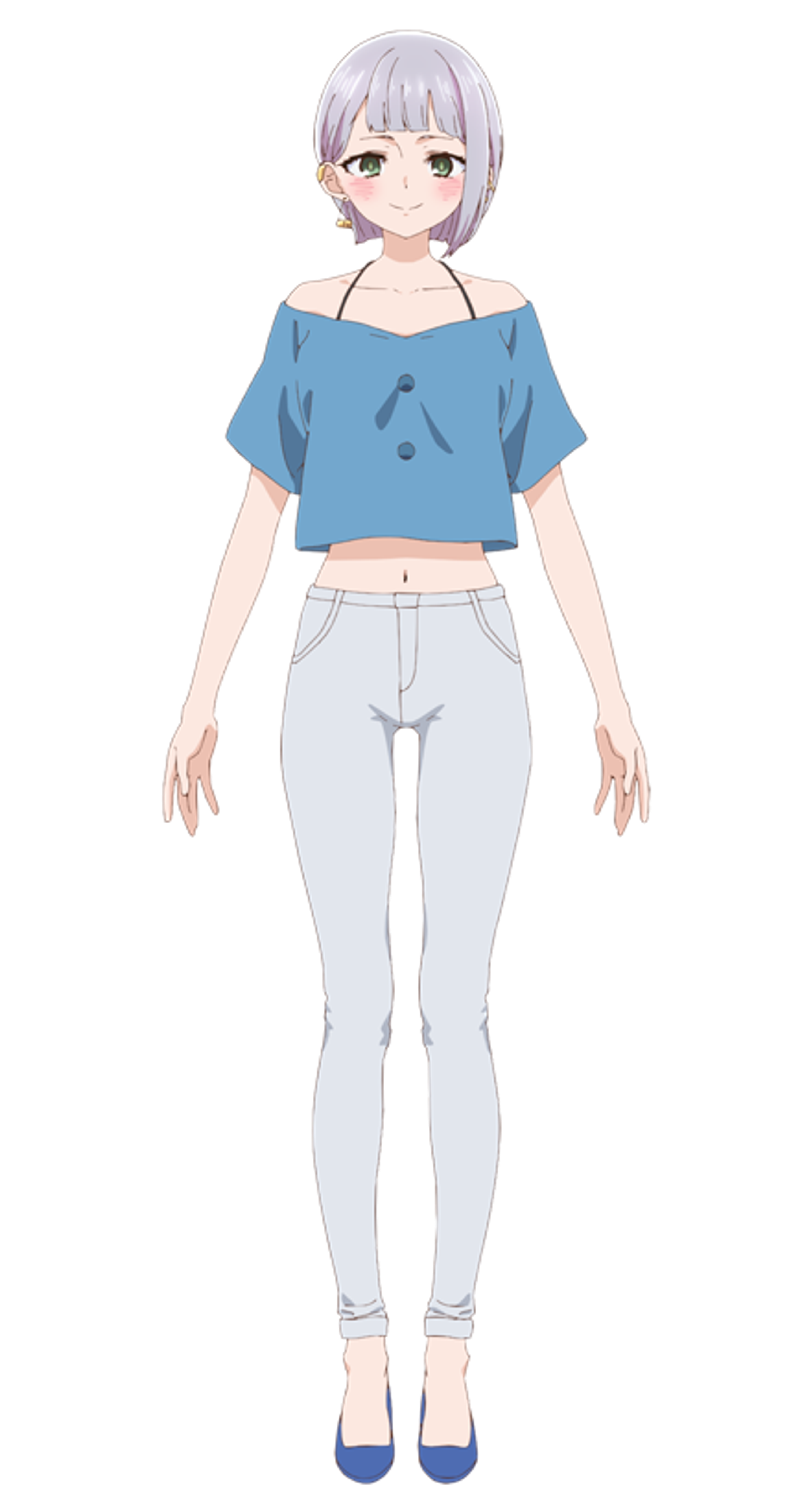 A young female anime character with short silver hair and blue eyes, wearing a blue crop top and gray leggings.
