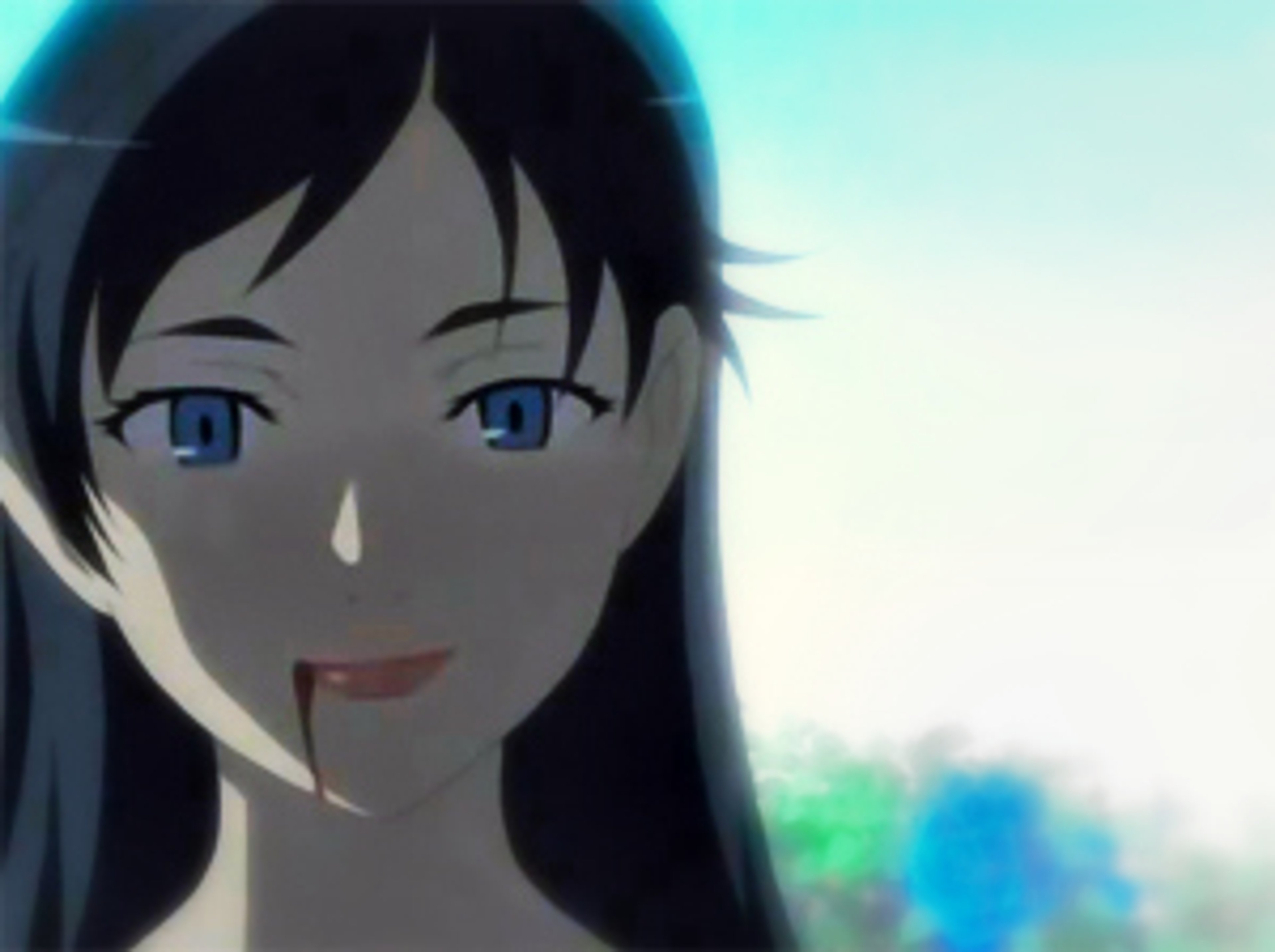 An anime-style character with dark hair and blue eyes