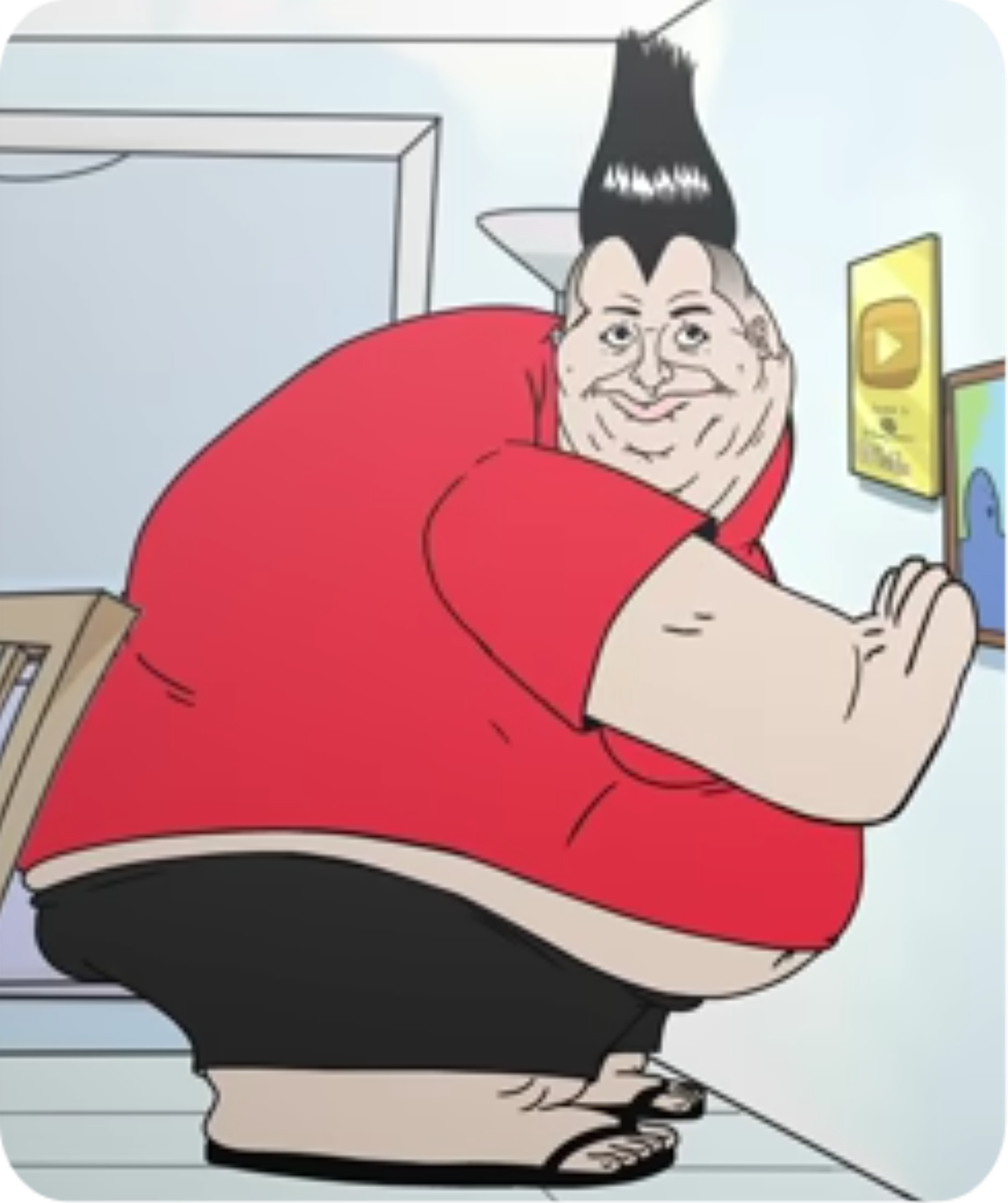 A cartoon character with a large, round body and a mischievous expression